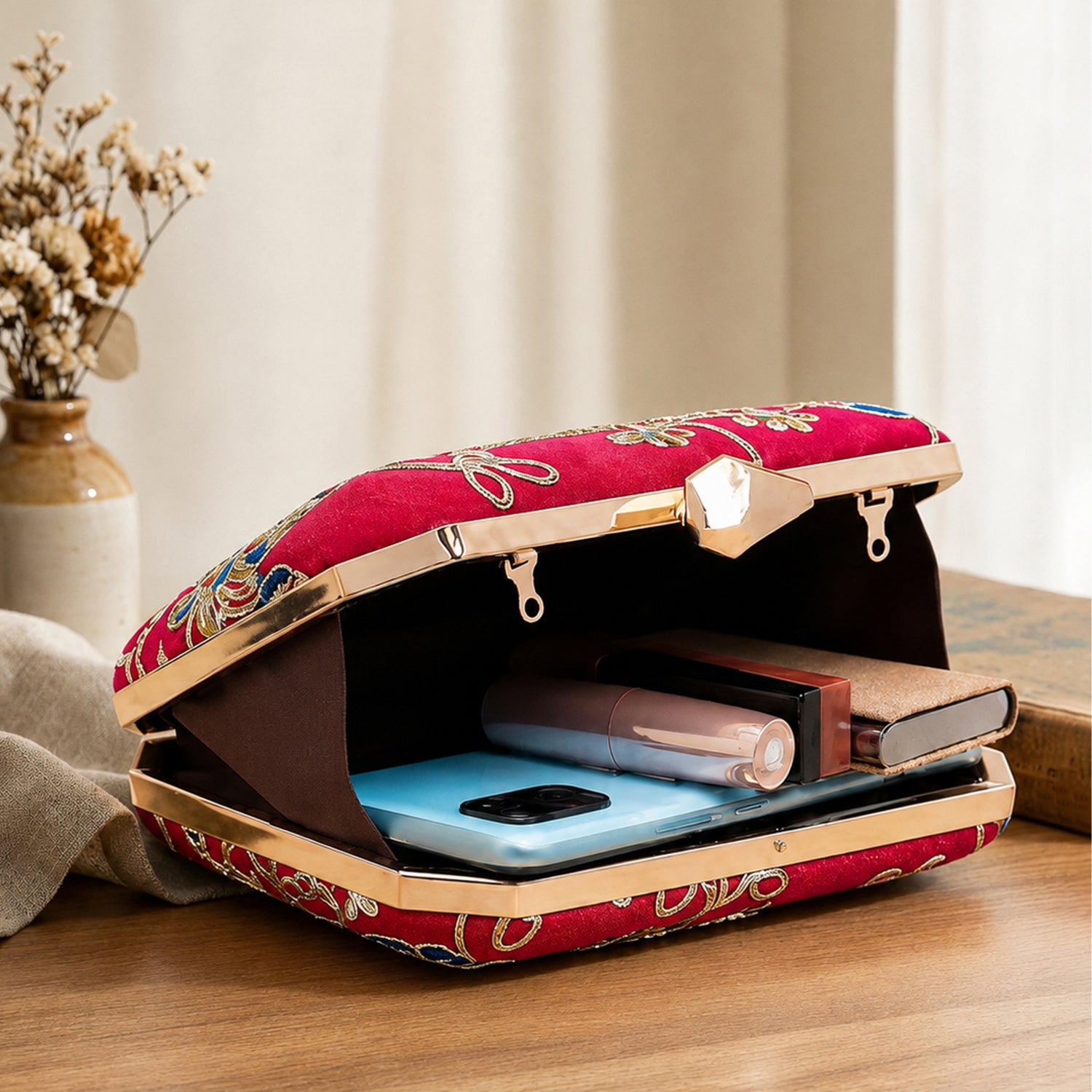 Artklim Red Floral Embroidery Clutch