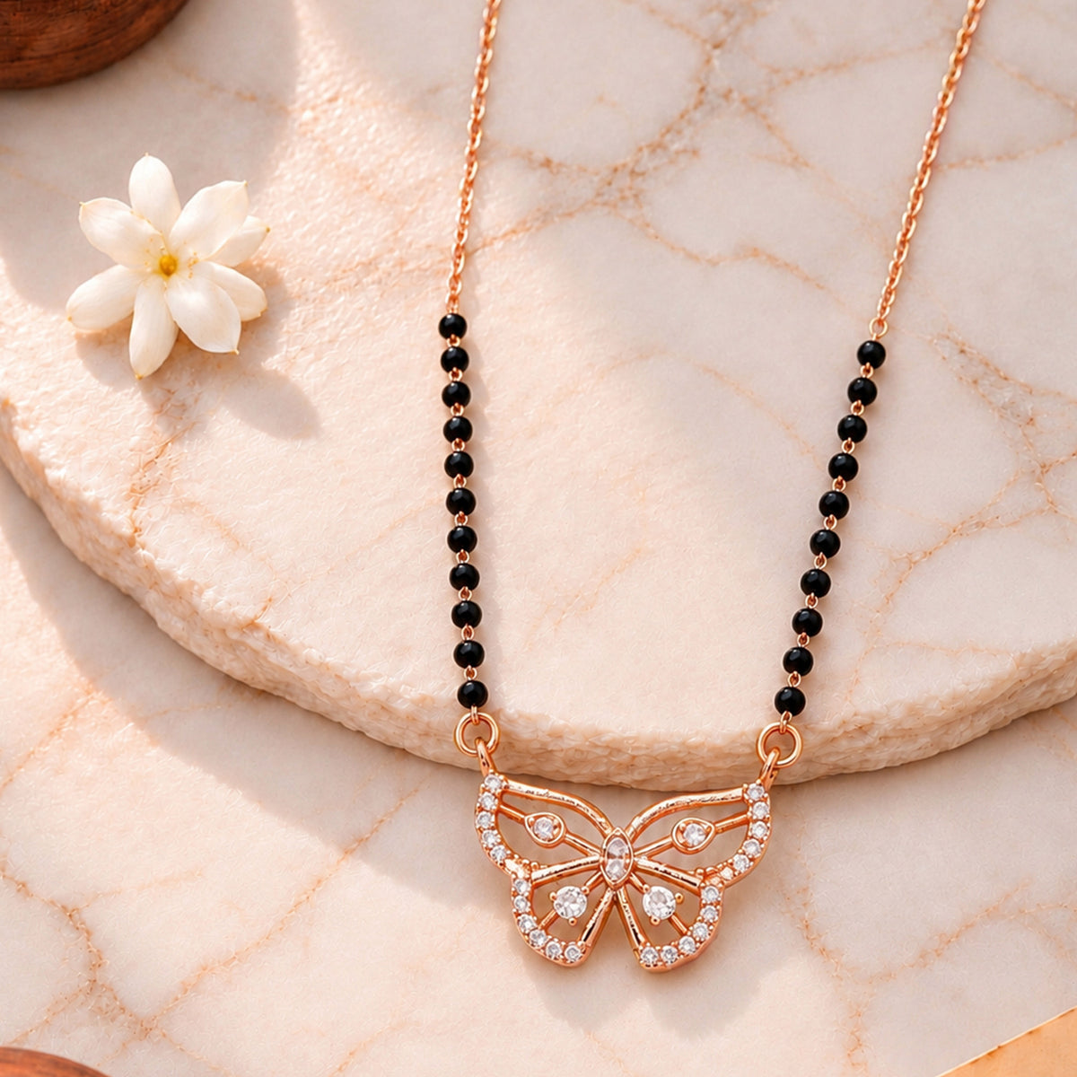 Artklim Elegant Rose Gold-Plated Butterfly Pendant Mangalsutra with Black Beads for Women