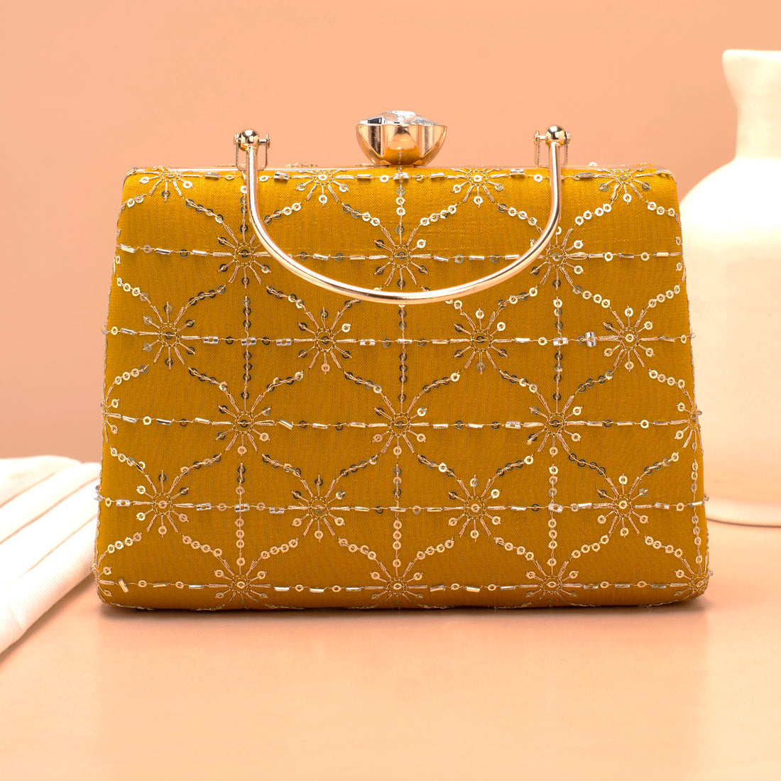 Artklim Mustard Yellow Sequins Embroidery Clutch
