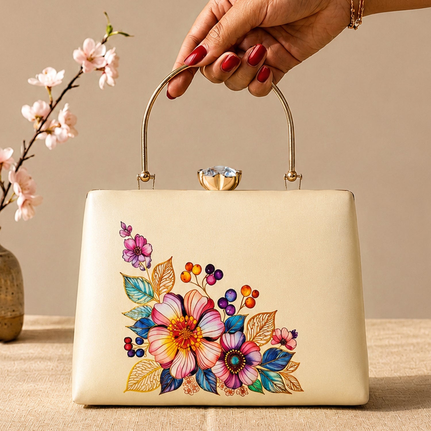 Artklim Printed Elegant Floral Pearl Embellished Clutch with Hand Embroidery