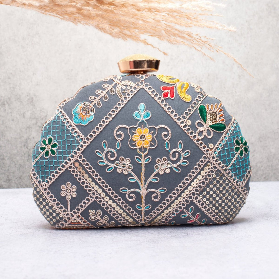 Artklim Grey Base Multicolored Threadwork Embroidery Clutch