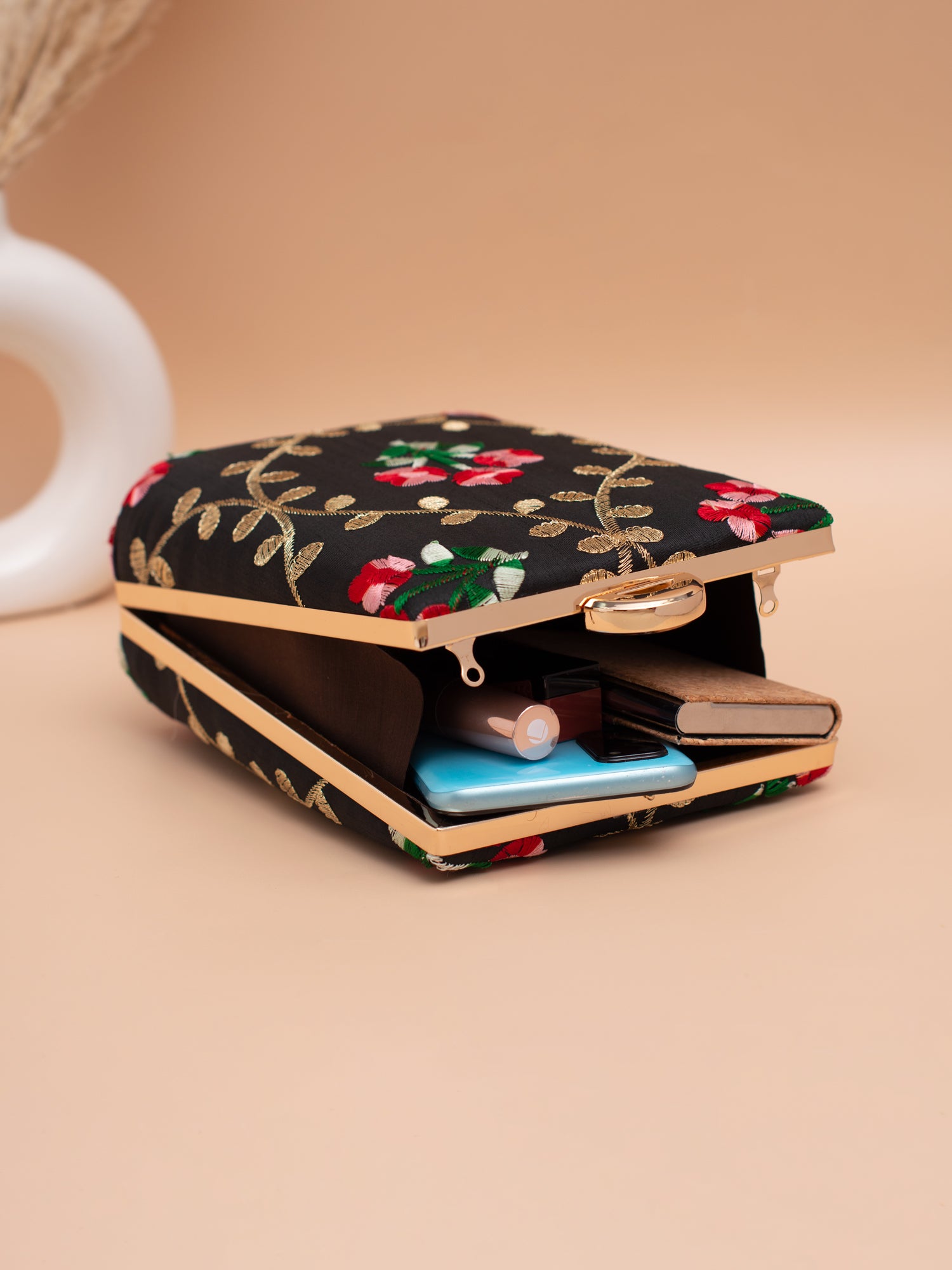 Artklim Black Clutch with Red Floral & Golden Vine