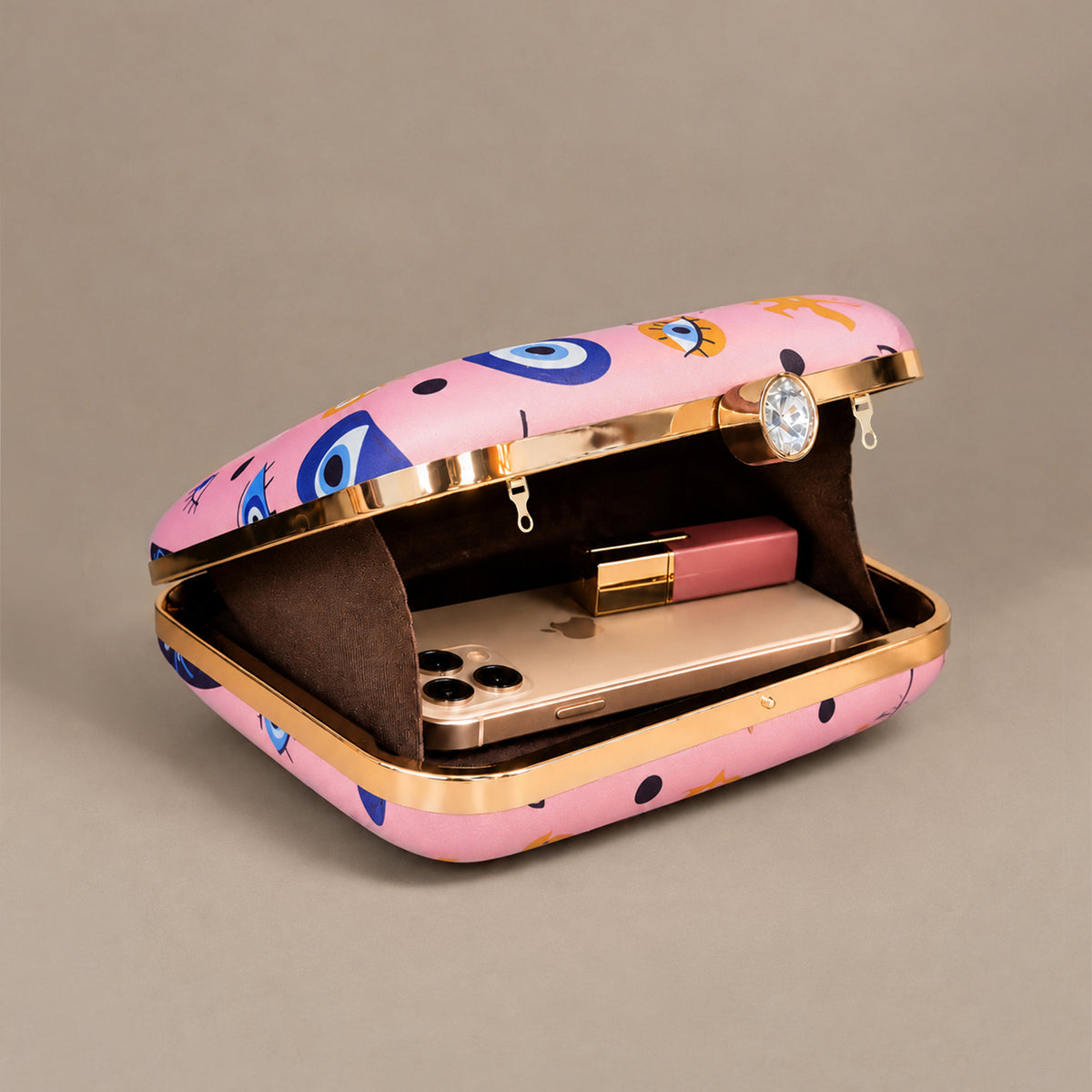 Artklim Pink Evil Eye Hand Pattern Printed Clutch