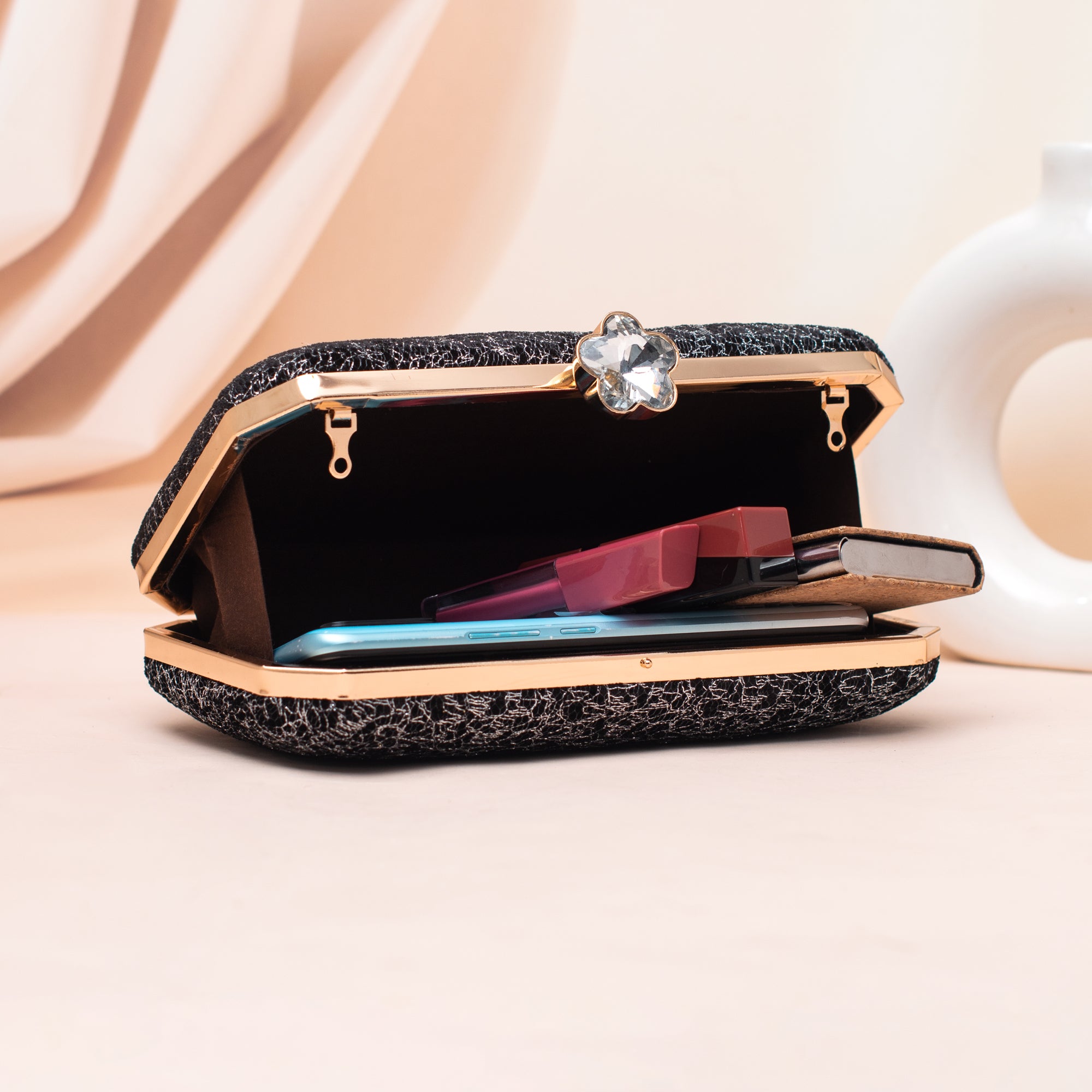 Artklim Textured Black Embroidery Clutch