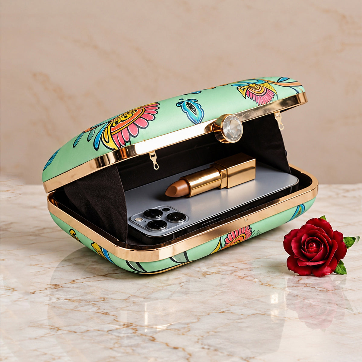 Artklim Colorful Peacock Floral Printed Designer Clutch