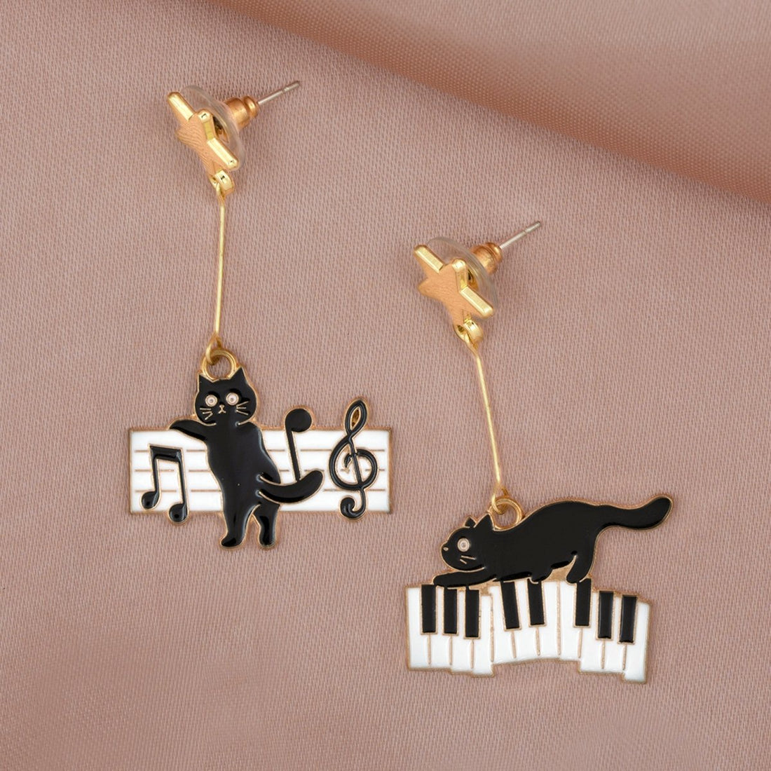 Artklim Black Cats On Piano Mismatched Drop Earrings
