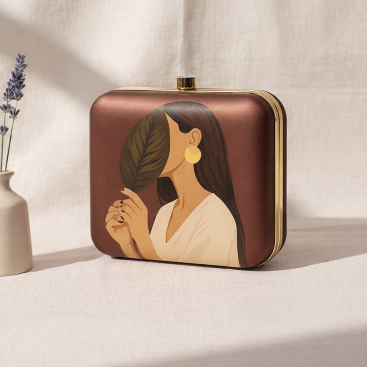 Artklim Dark Brown Based Asthetic Girl Portrait Printed Clutch
