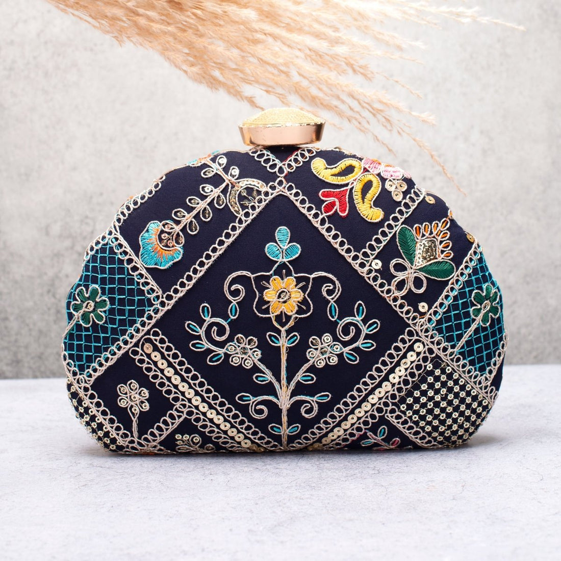 Artklim Black Base Multicolored Threadwork Embroidery Clutch