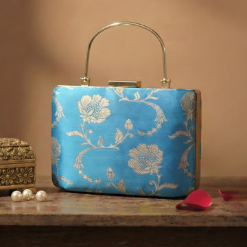 Artklim Sky Blue Gold Floral Embroidered Clutch