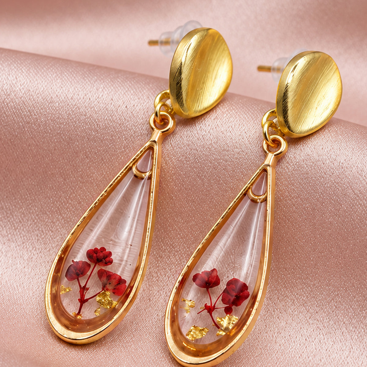 Artklim Elegant Red Floral Teardrop Gold-Tone Anti-Tarnish Earring