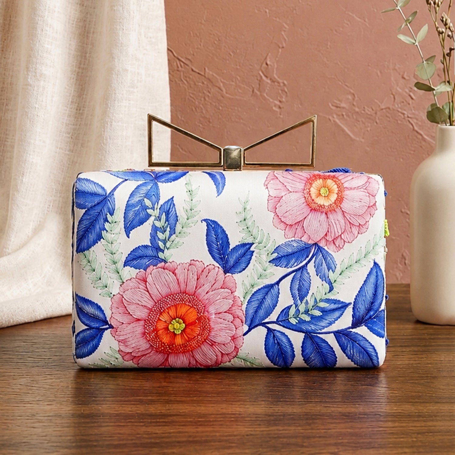 Artklim Printed White Pink & Blue Floral Designer Clutch with Hand Embroidery