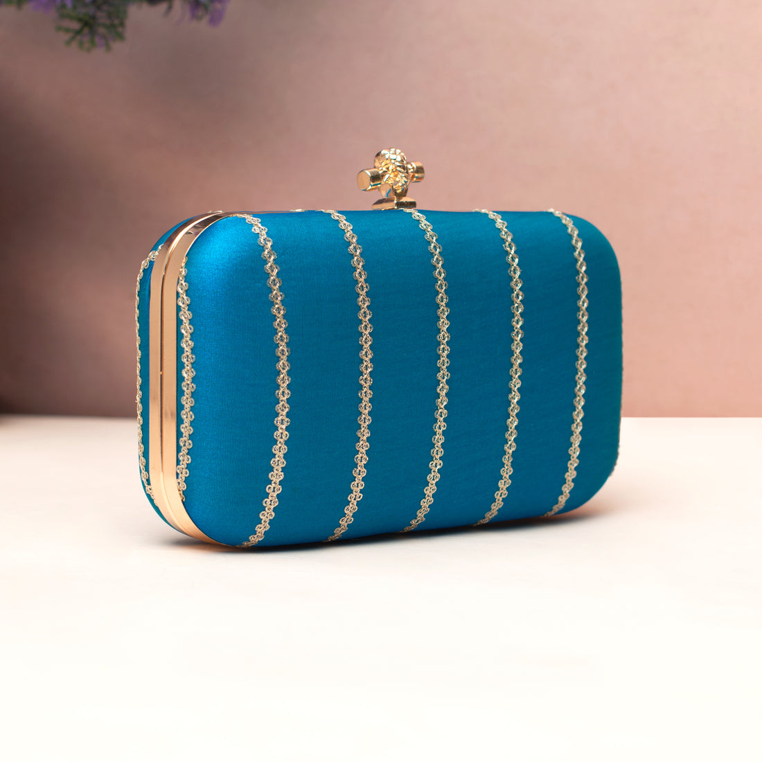 Artklim Royal Turquoise Gold-Striped Embroidered Clutch