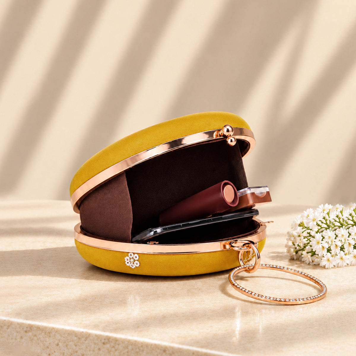 Artklim Luxury Mustard Yellow Embroidery Round Clutch Bag with Intricate Peacock Design