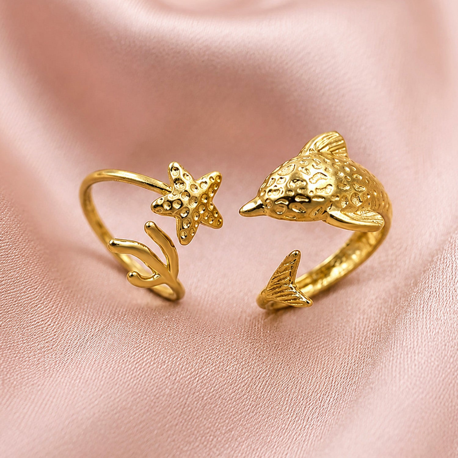 Artklim Starfish & Dolphin Ocean Pair Ring Set Adjustable Anti-Tarnish Ring