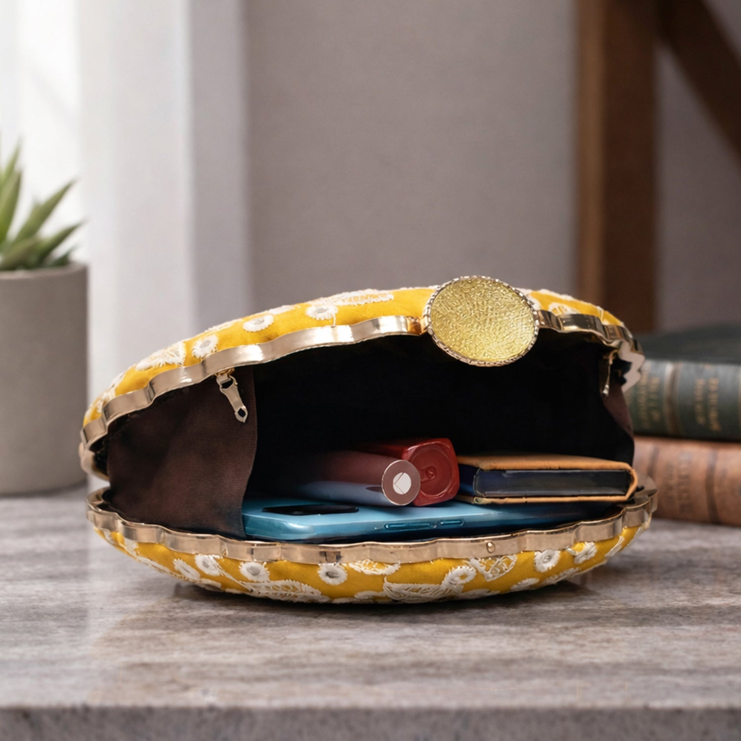 Artklim Yellow Base White Thread Embrodiery Clutch