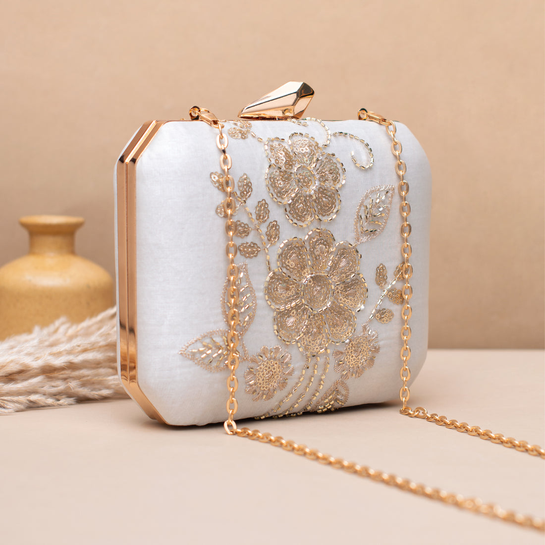 Artklim Ivory Floral Gold Embroidered Clutch