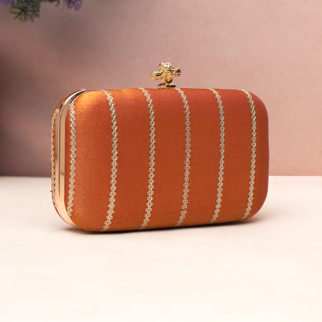 Artklim Elegant Orange Satin Embroidered Clutch
