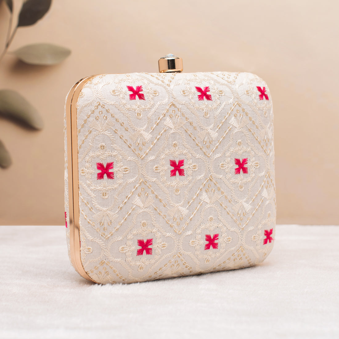 Artklim White with Pink Sequin Embroidery Clutch