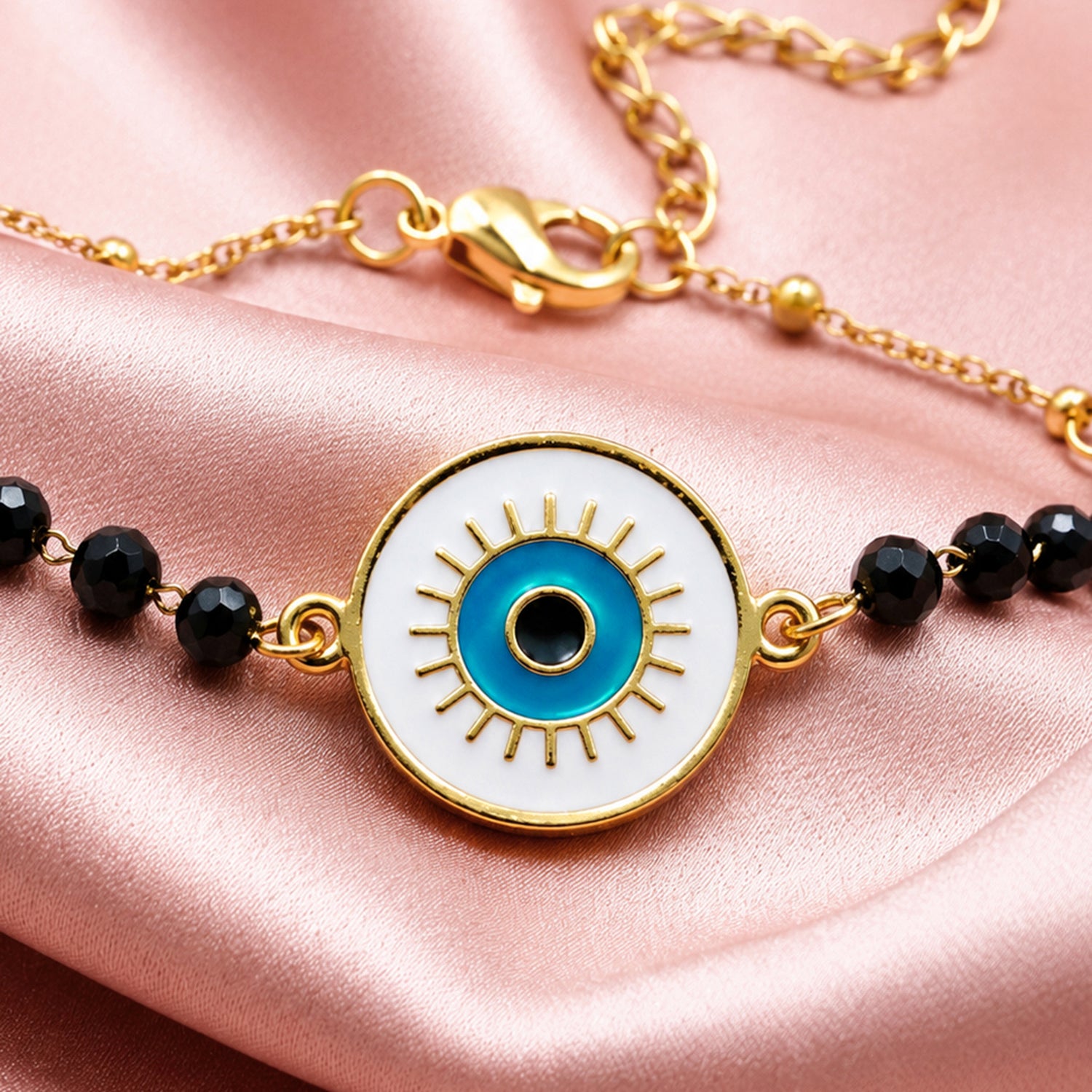 Artklim Black Beads Evil Eye Round Charm Bracelet Anti-Tarnish Bracelet