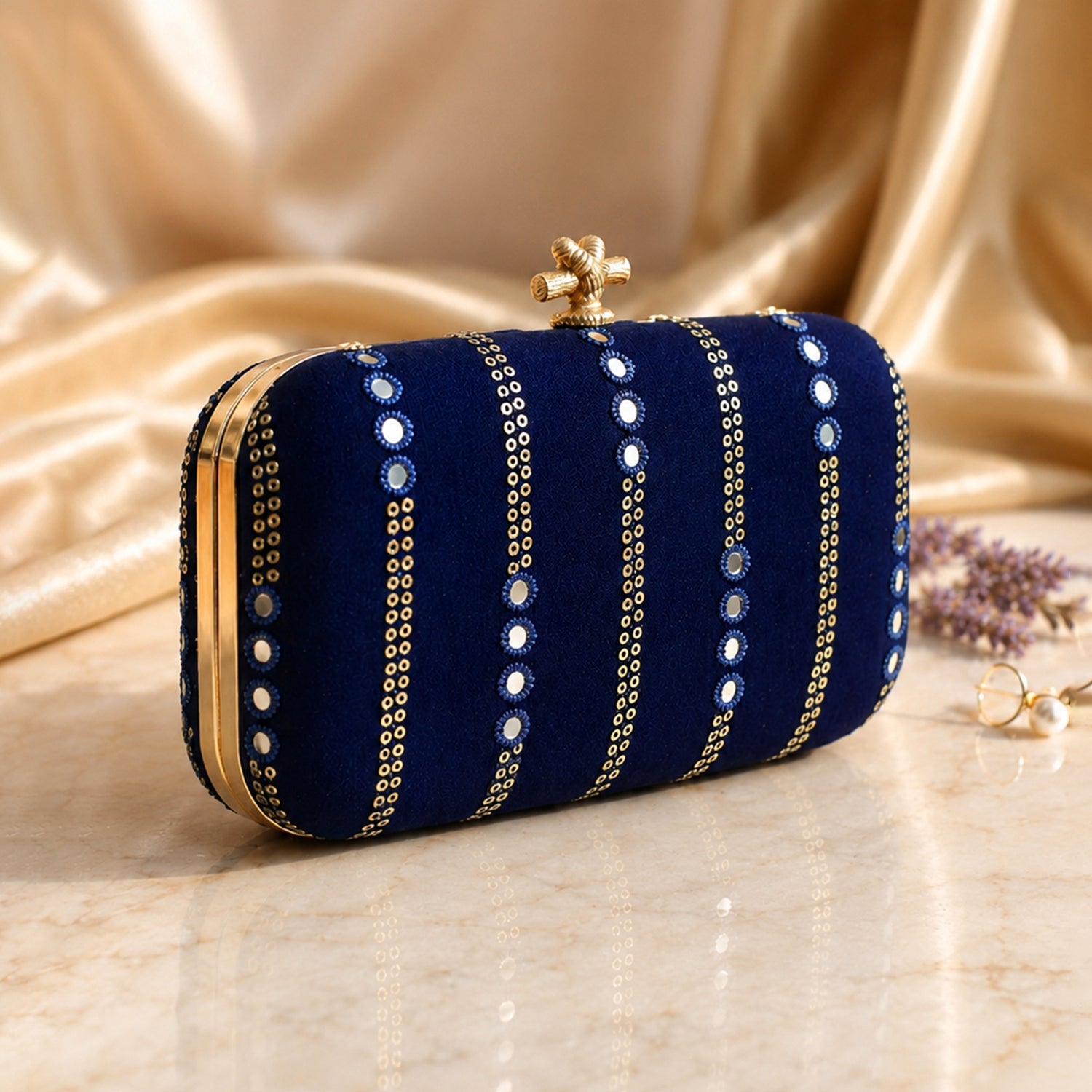 Artklim Elegant Navy Blue Embellished Embroidered Clutch Bag