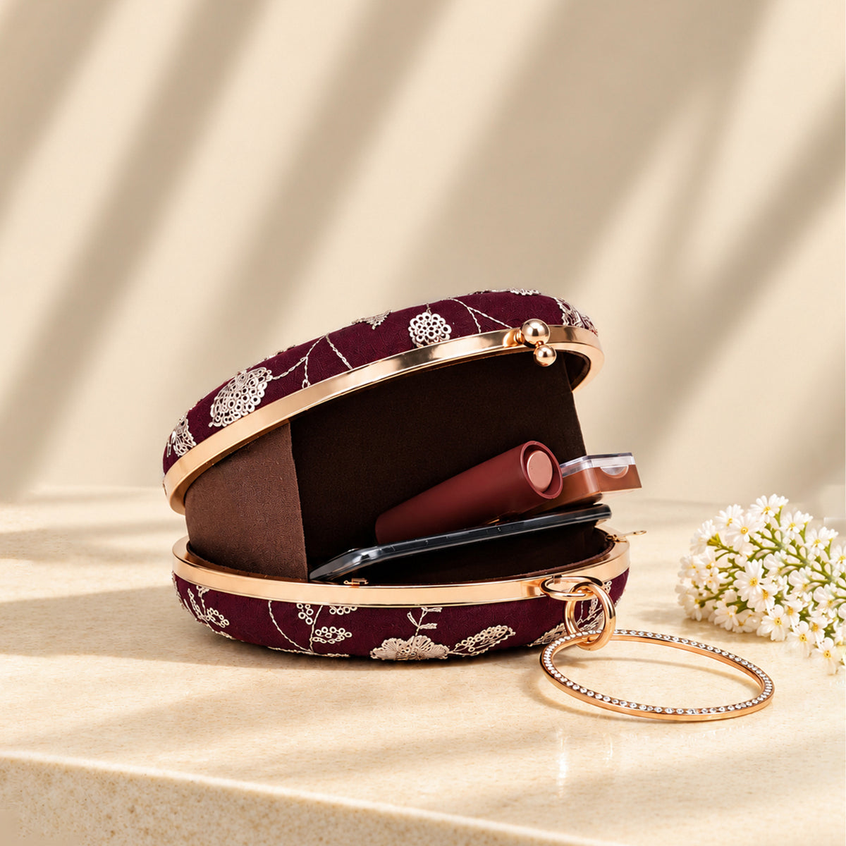Artklim Elegant Maroon Floral Embroidered Round Clutch Bag with Crystal Ring Handle