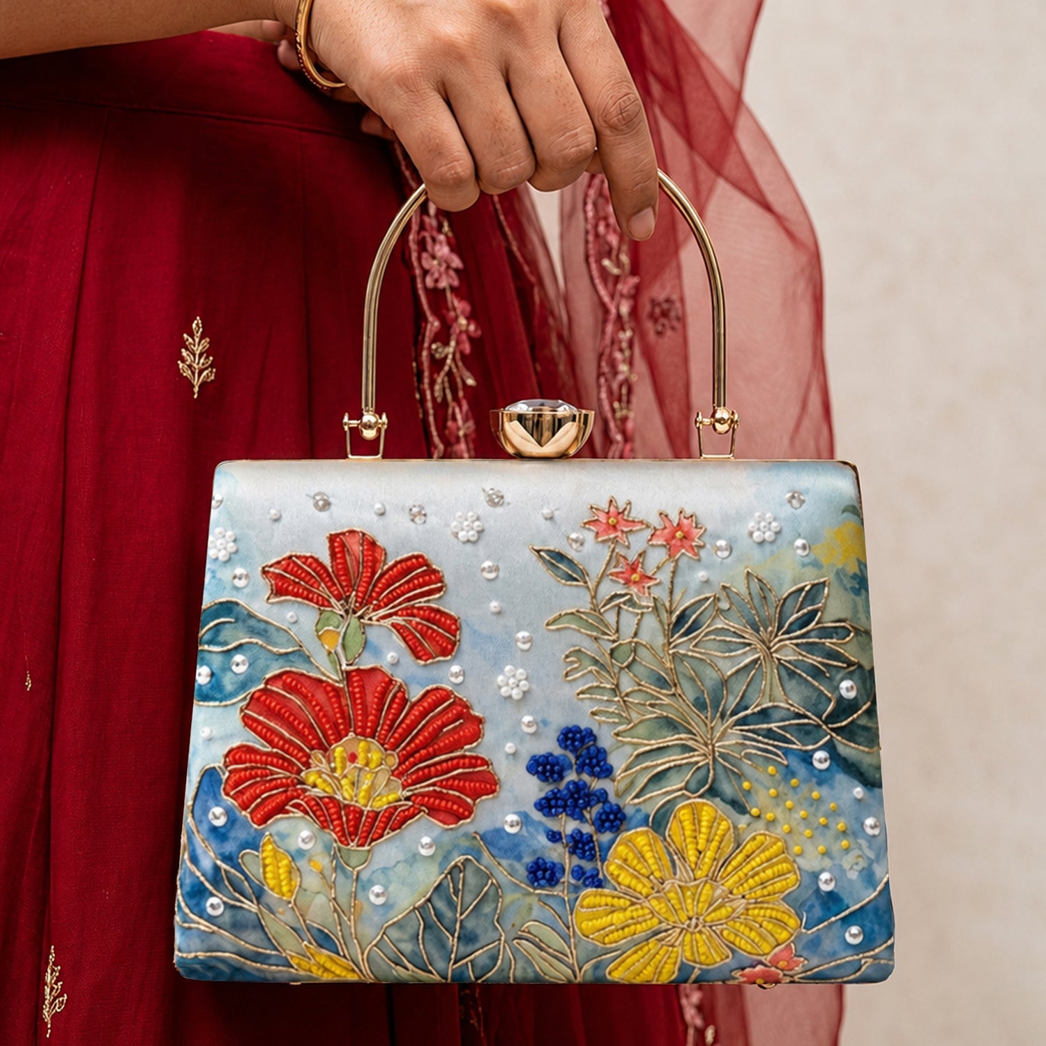 Artklim Blue Floral Artistic Embroidered Clutch