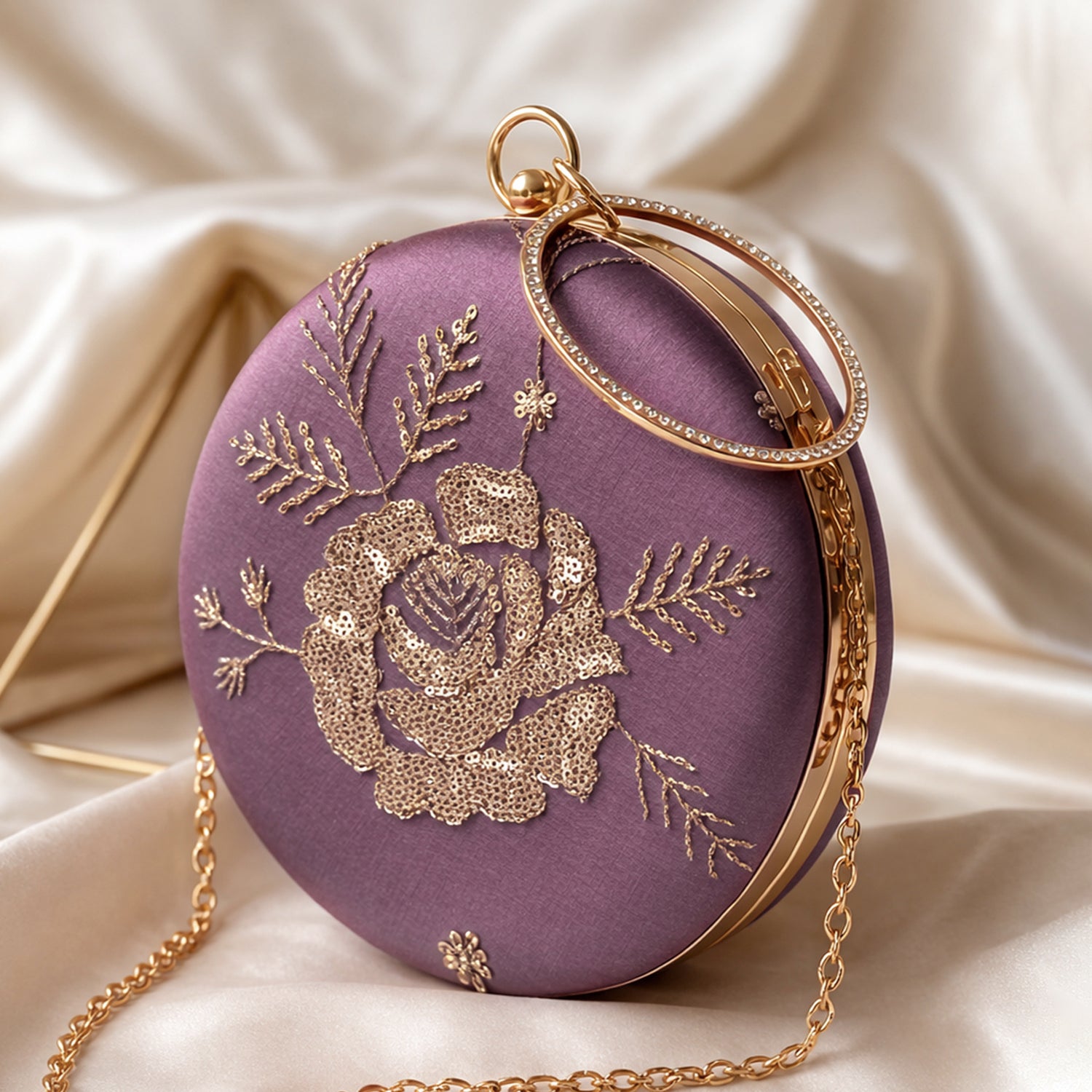Artklim Lavender Floral Embroidered Round Clutch