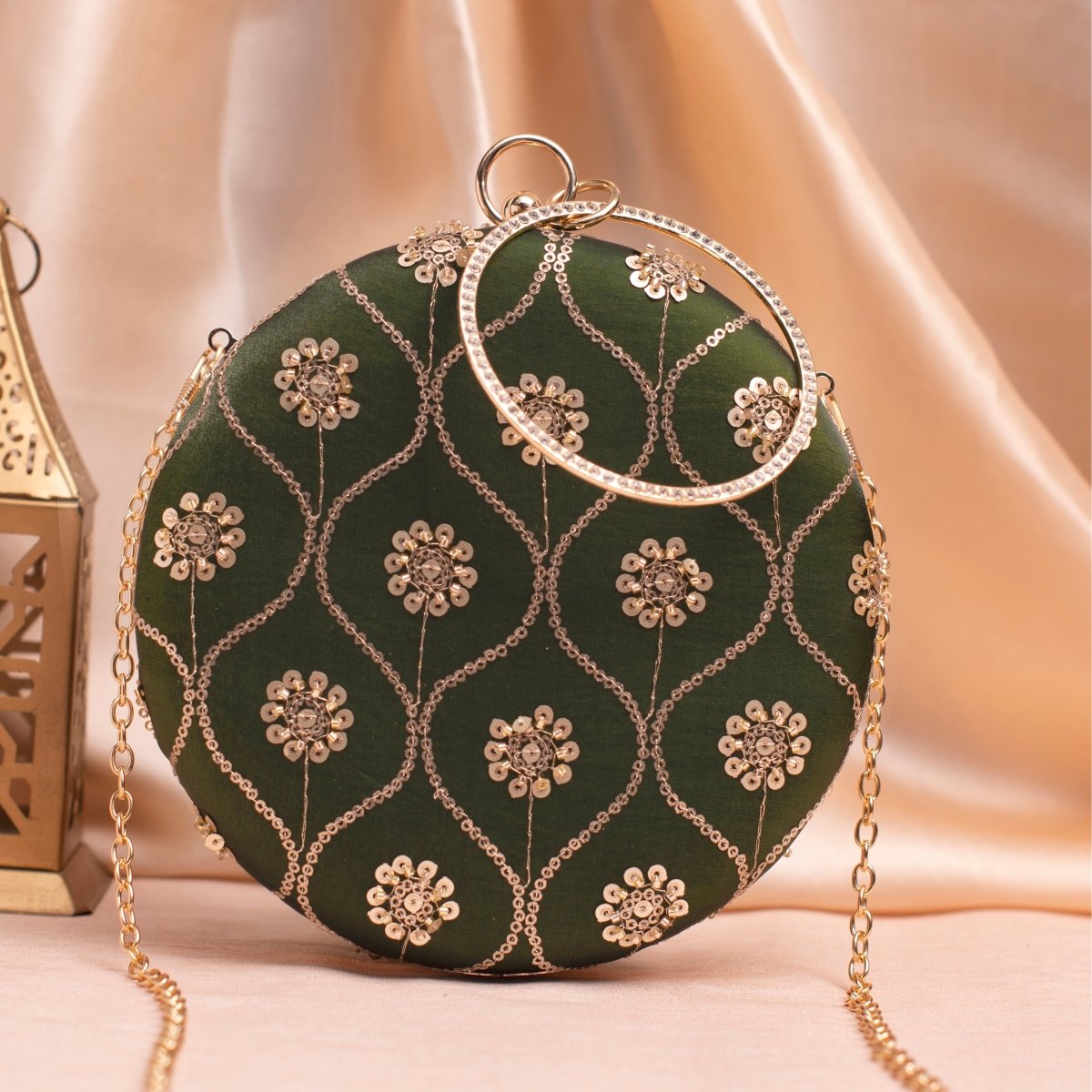 Artklim Olive Green Sequins Pattern Embroidery Clutch