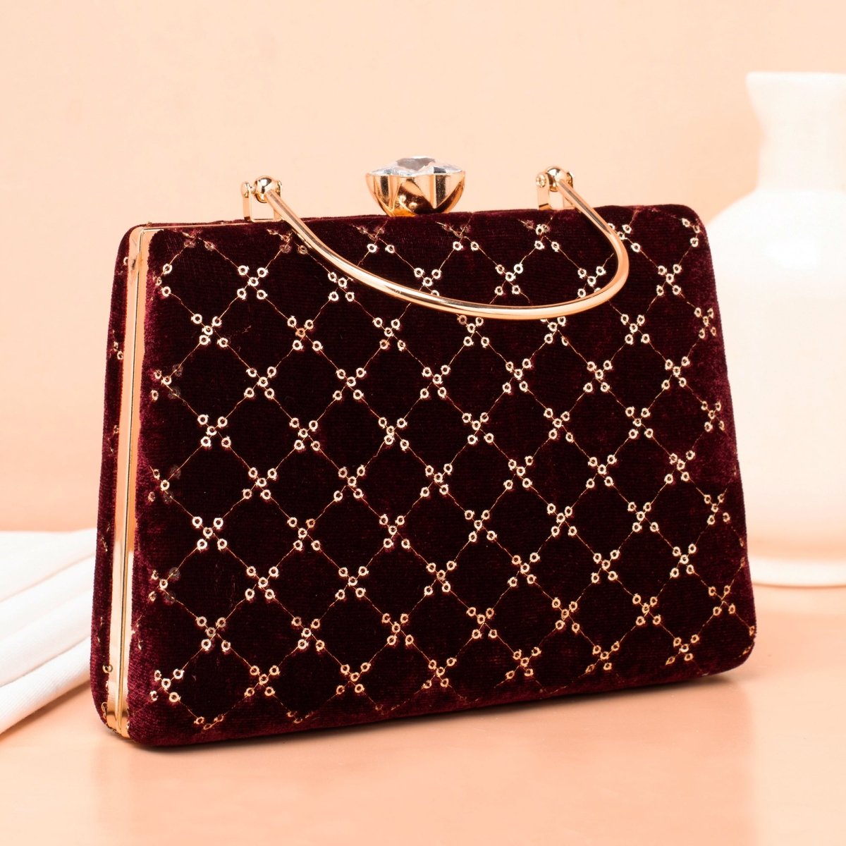 Artklim Brown Base Sequins Embroidery Ethnic Clutch