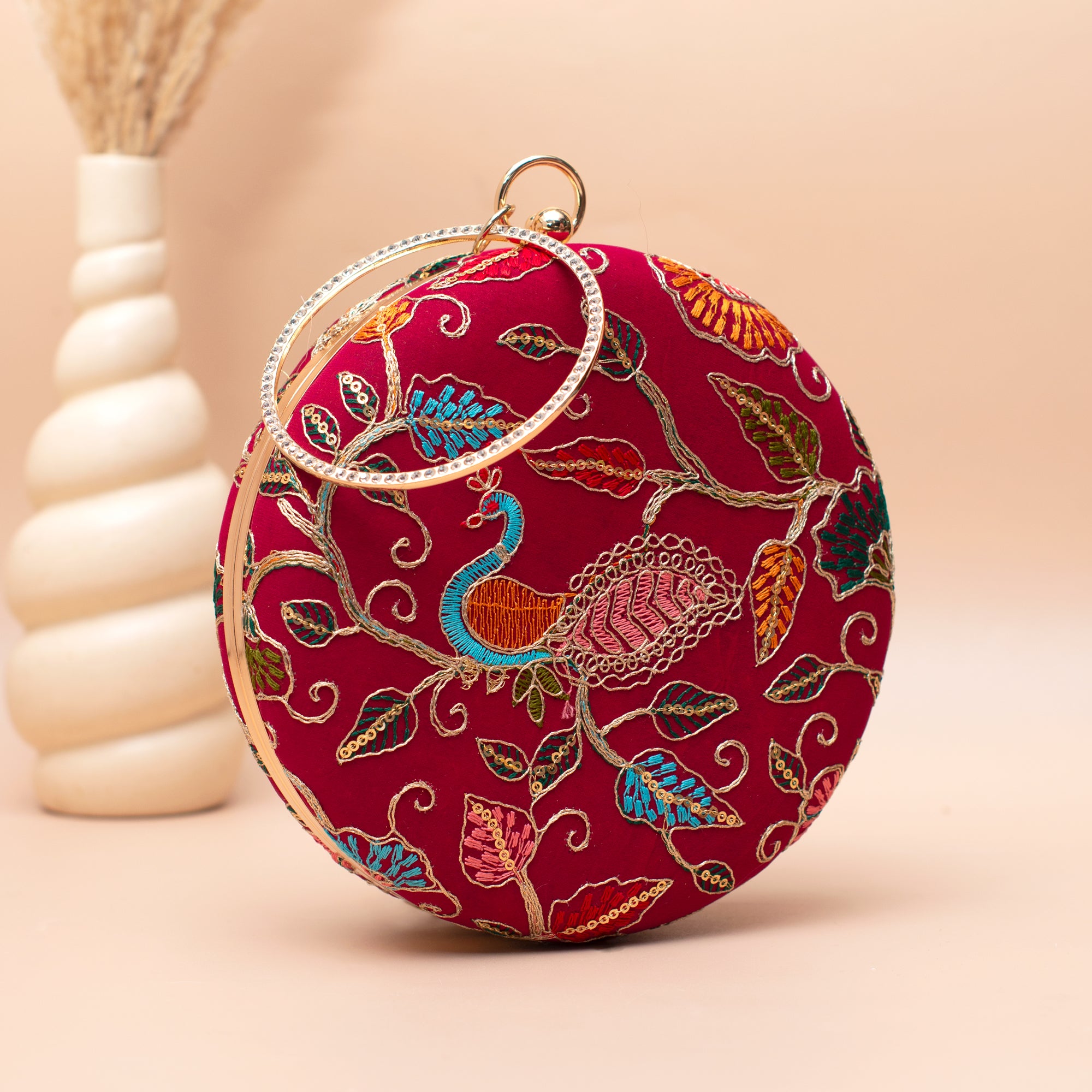 Artklim Crimson Peacock Majesty Embroidery Clutch