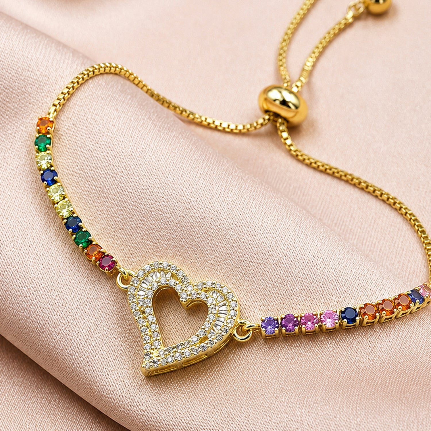 Artklim Gold Plated Rainbow Heart Charm Anti-Tarnish Bracelet