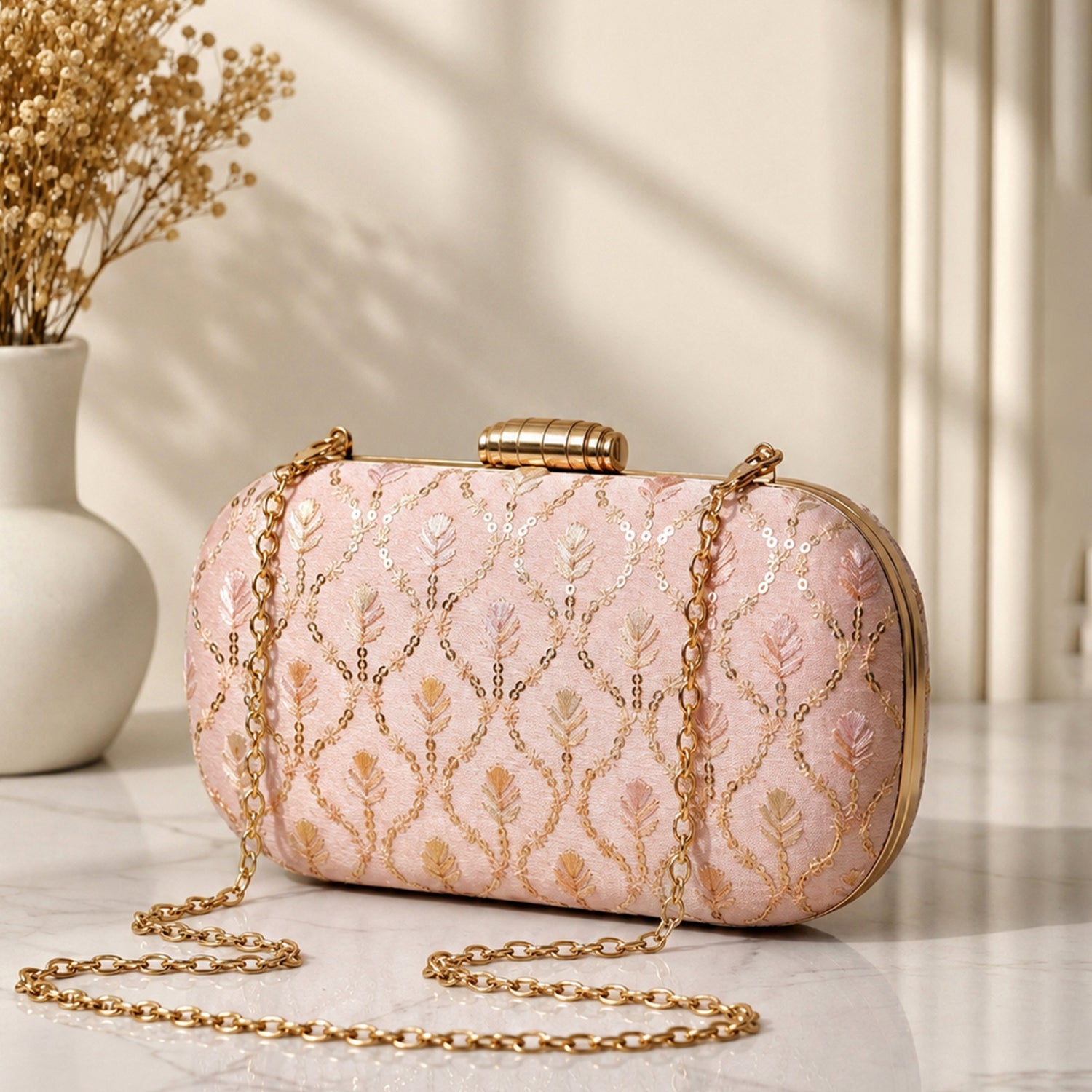 Artklim Pink Pearl Handle Floral Pattern Party Wear Embroidery Clutch