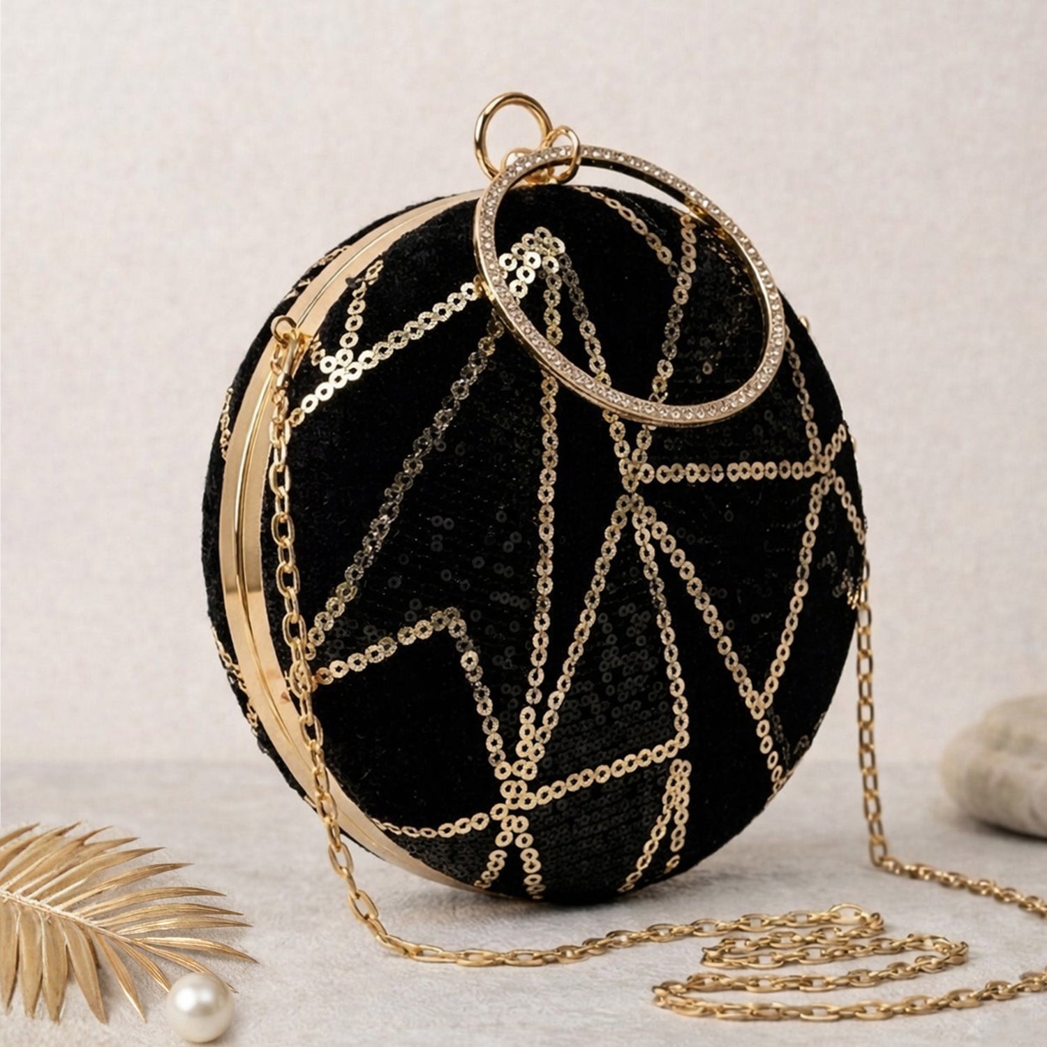 Artklim Elegant Black & Gold Geometric Sequin Embroidery Clutch