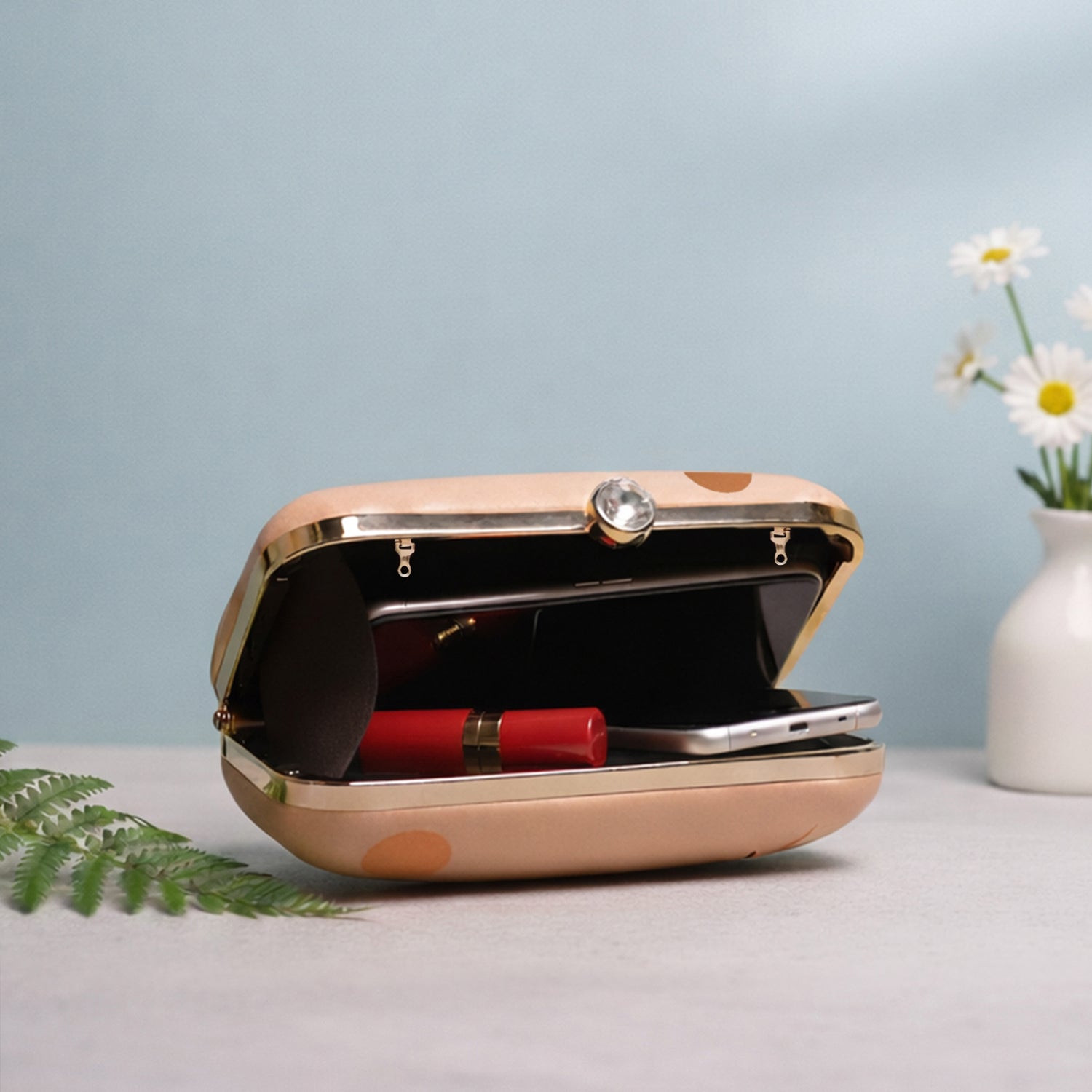 Beige Based Woman Portrait Printed Clutch