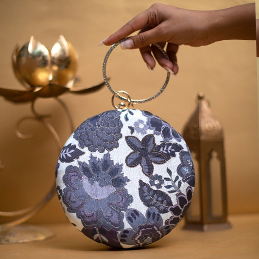 White And Grey Floral Embroidery Round Clutch
