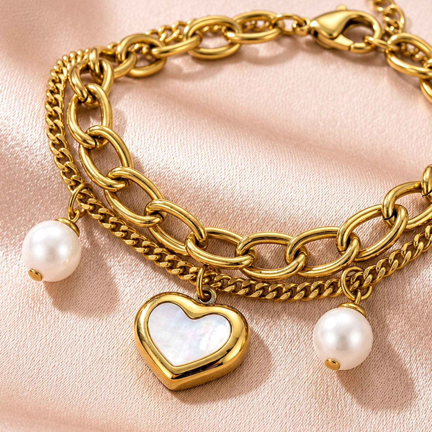 Artklim Pearl Heart Double Layer Charm Anti-Tarnish Bracelet