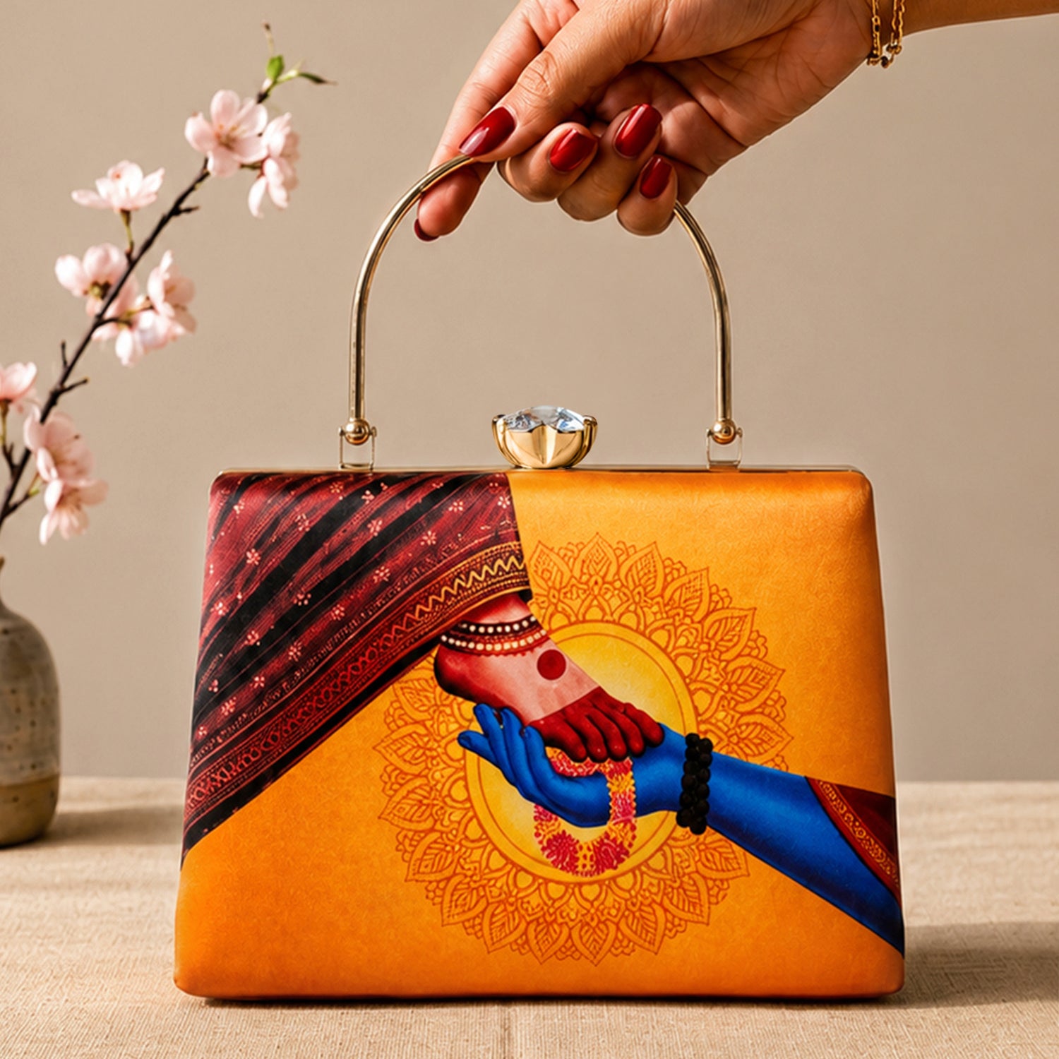 Artklim Printed Divine Hands Traditional Art Clutch with Hand Embroidery