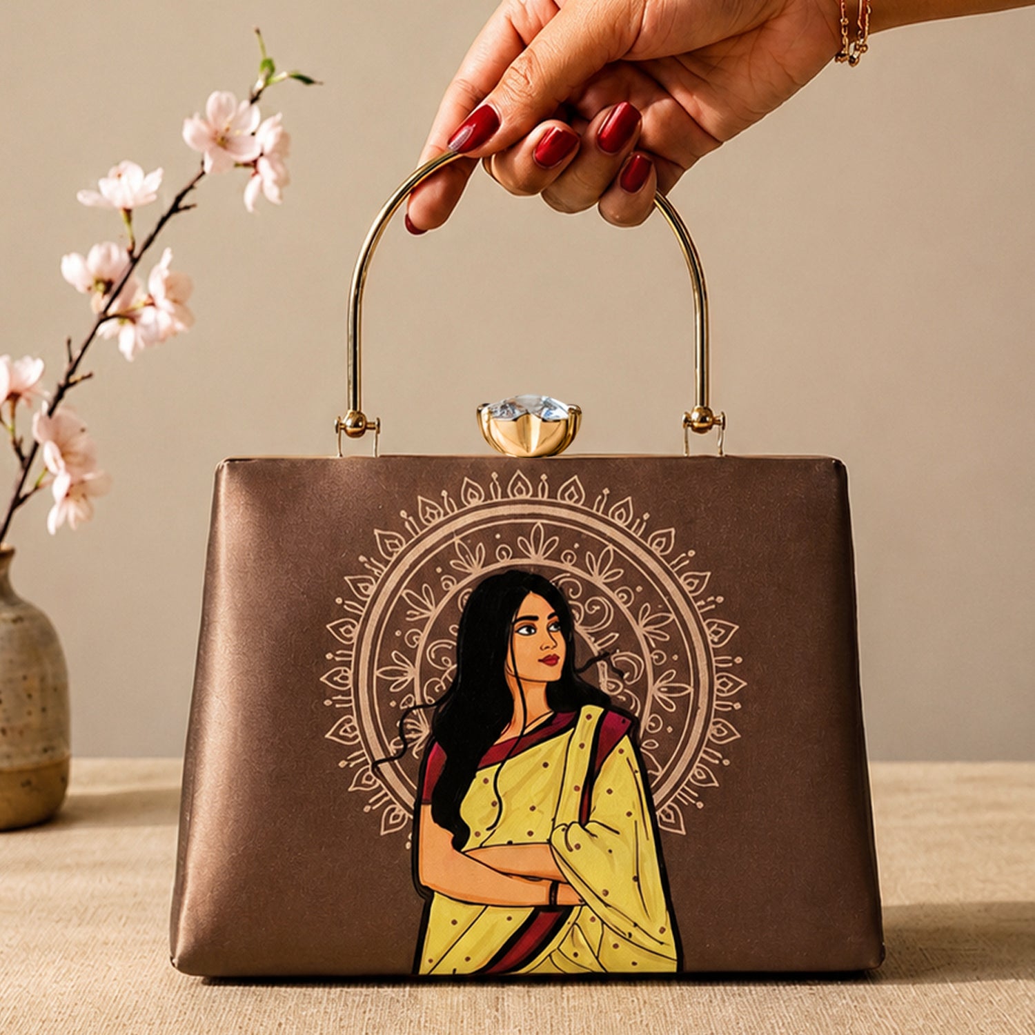 Artklim Printed Vintage Ethnic Woman Art Designer Clutch with Hand Embroidery