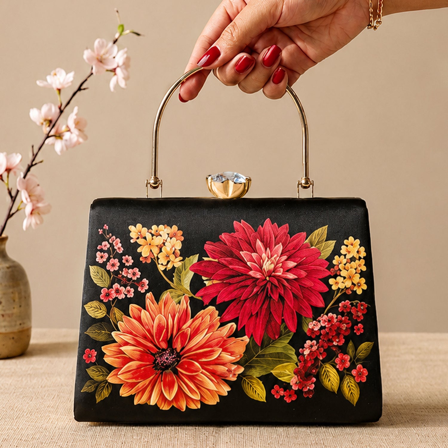 Artklim Printed Midnight Bloom Floral Clutch with Hand Embroidery