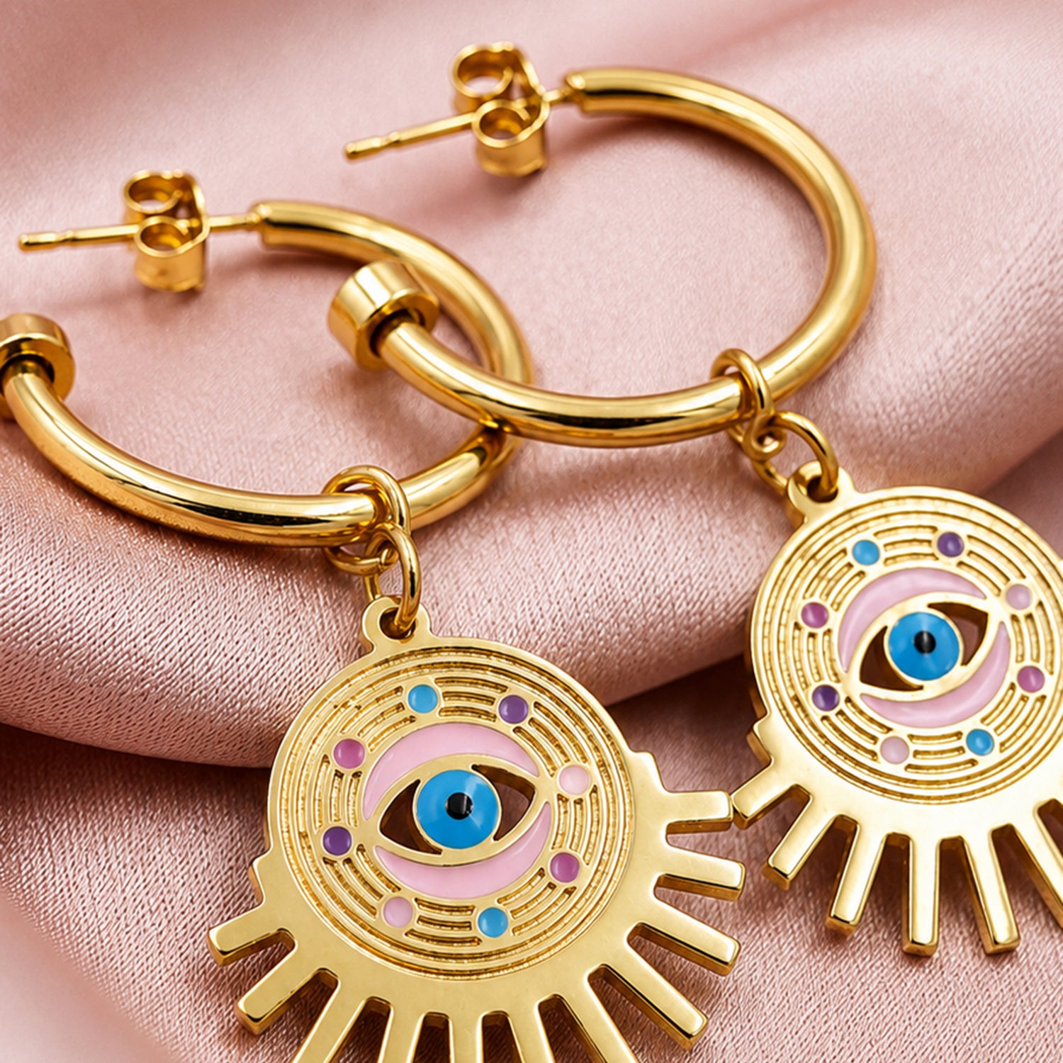 Artklim Colorful Evil Eye Sun Charm Hoop Anti-Tarnish Earring