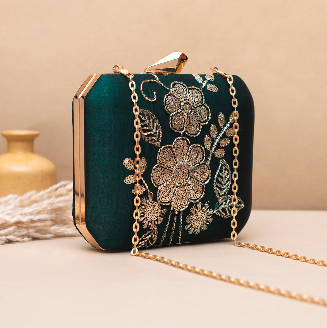 Artklim Luxury Green Gold Thread Floral Clutch