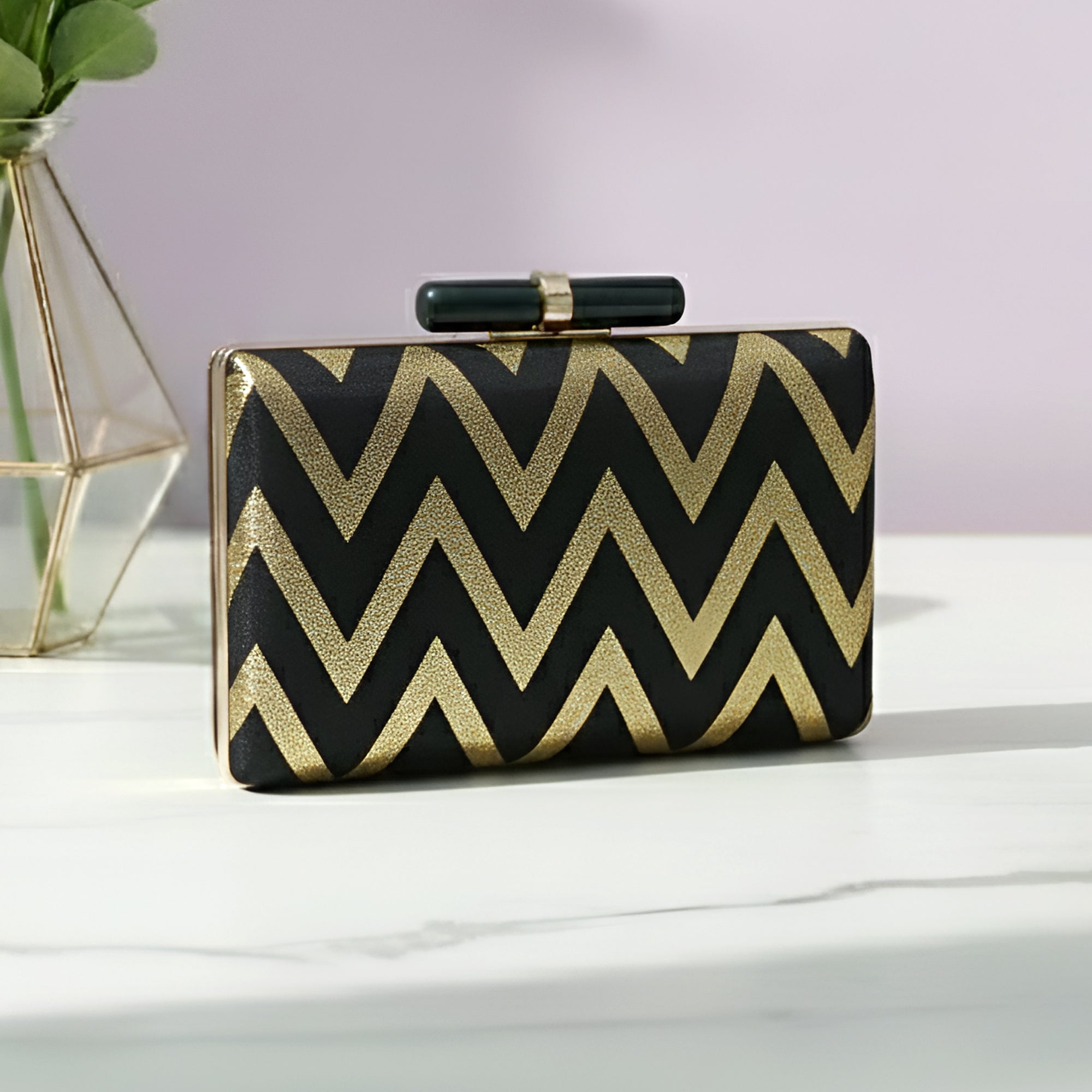 Artklim Elegant Black Gold Zigzag Embroidered Clutch