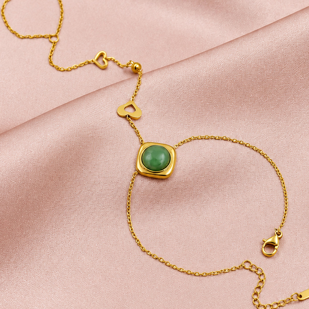 Artklim Luxe Green Stone Heart Ring Bracelet Gold-Tone Anti-Tarnish