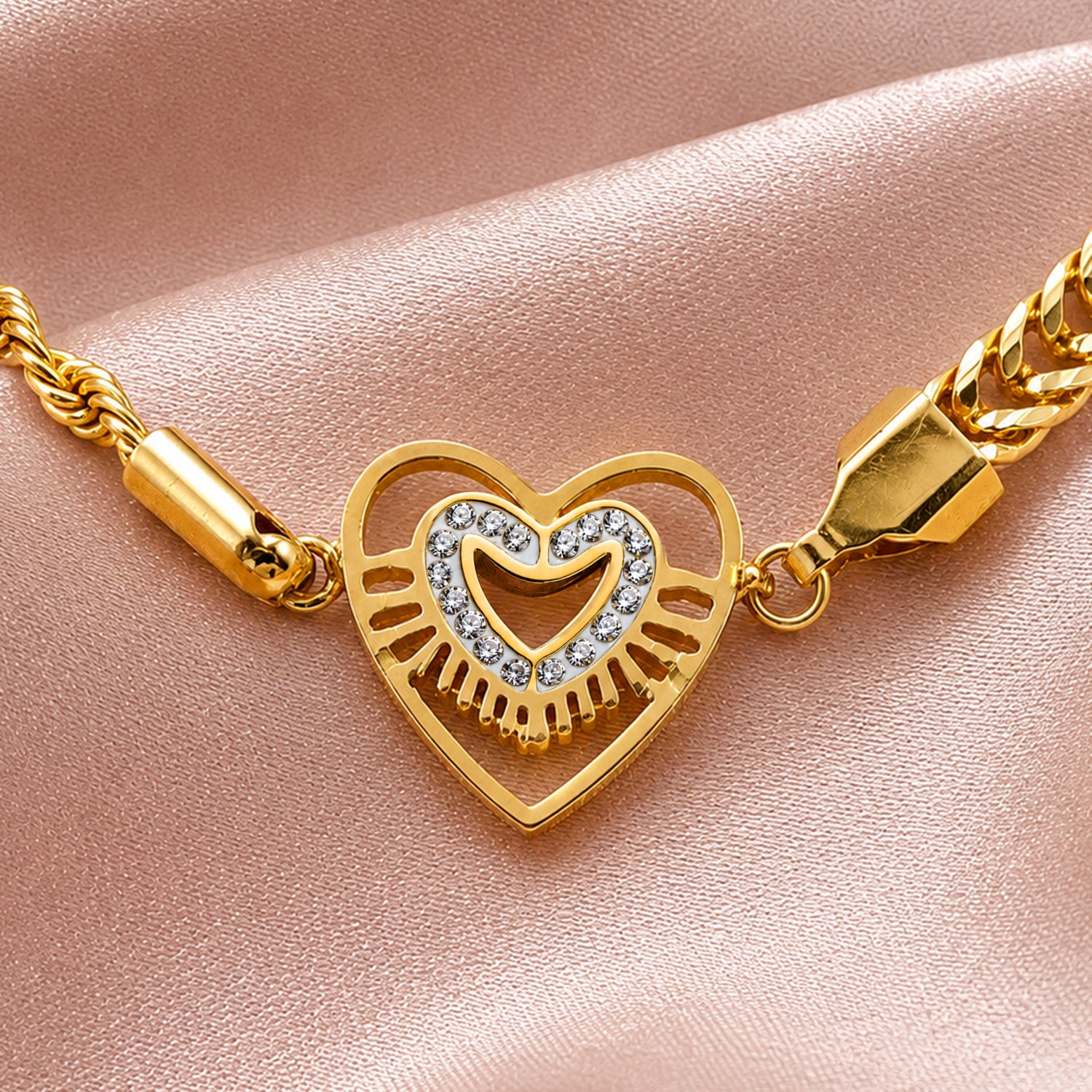 Artklim Crystal Heart Cuban Link Gold Bracelet Anti-Tarnish Bracelet