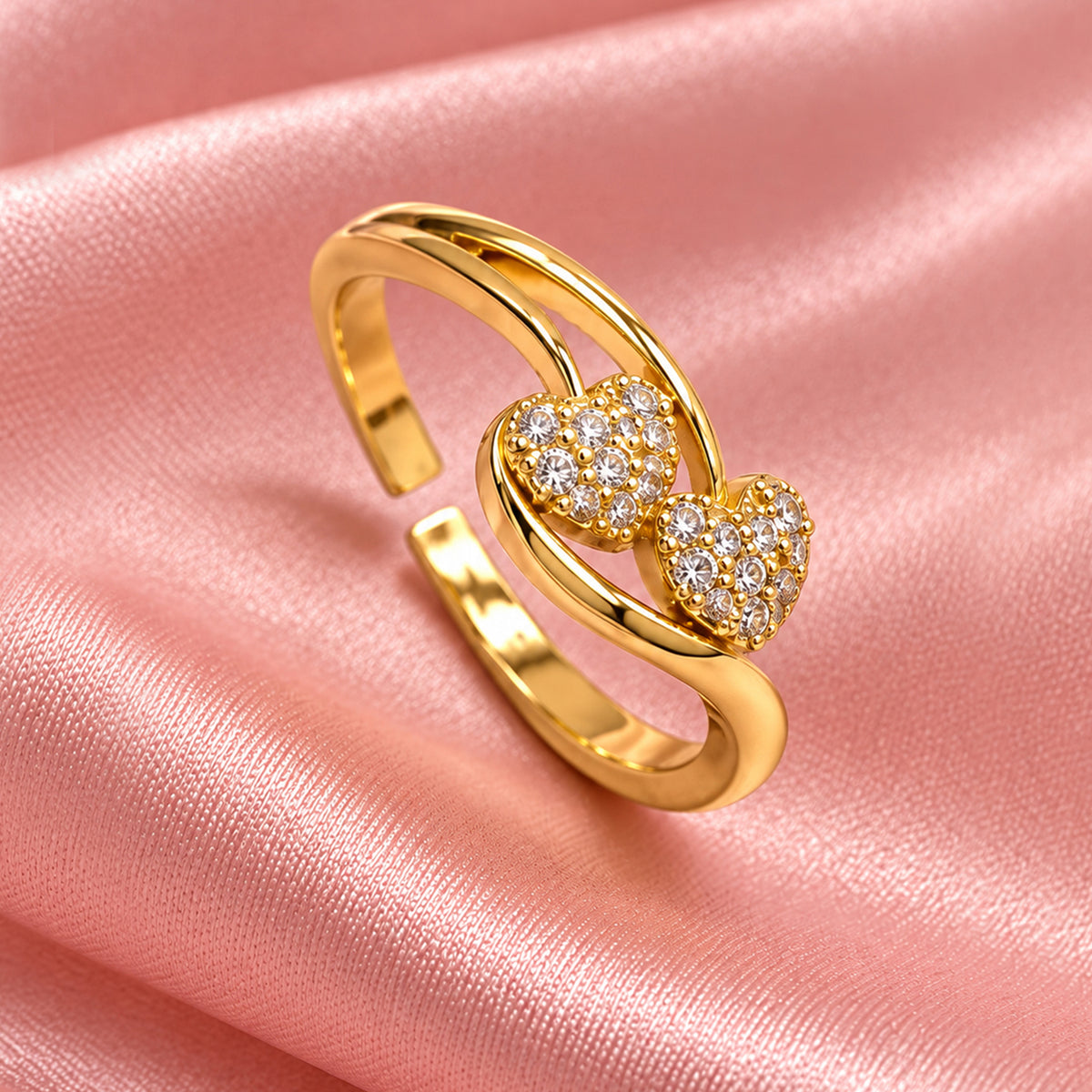 Artklim Chic Twin Heart Sparkle Gold-Tone Anti-Tarnish Ring