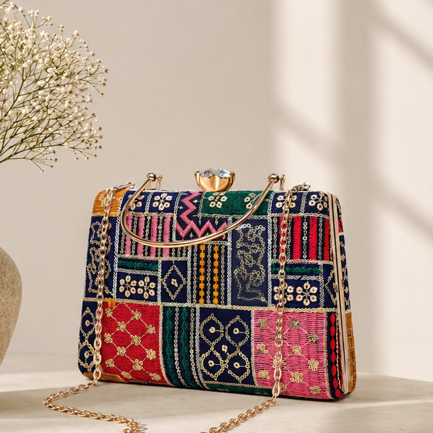 Artklim Multicolor Tribal Patchwork Ethnic Embroidery Clutch