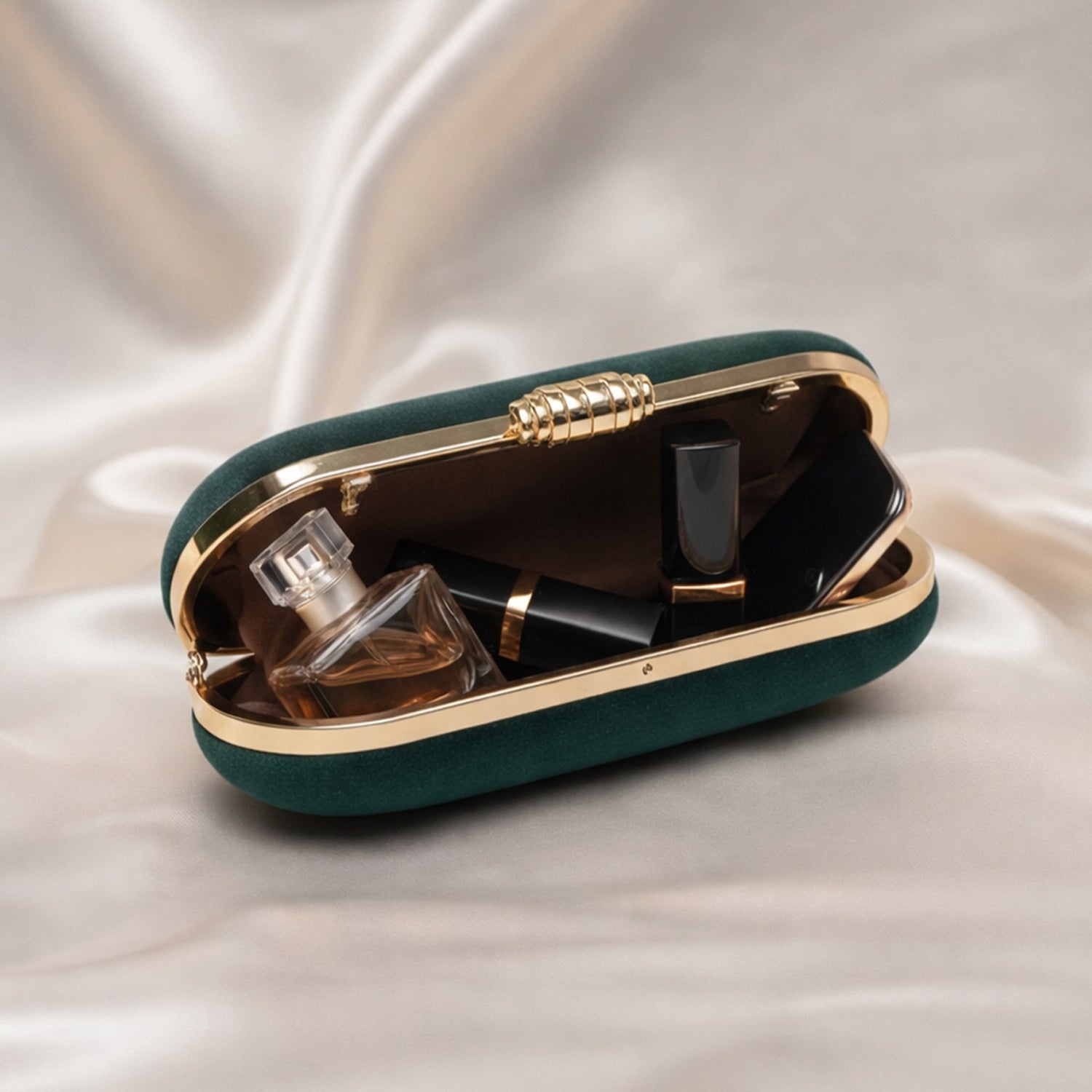 Artklim Dark Green Base Plain Velvet Fabric Clutch