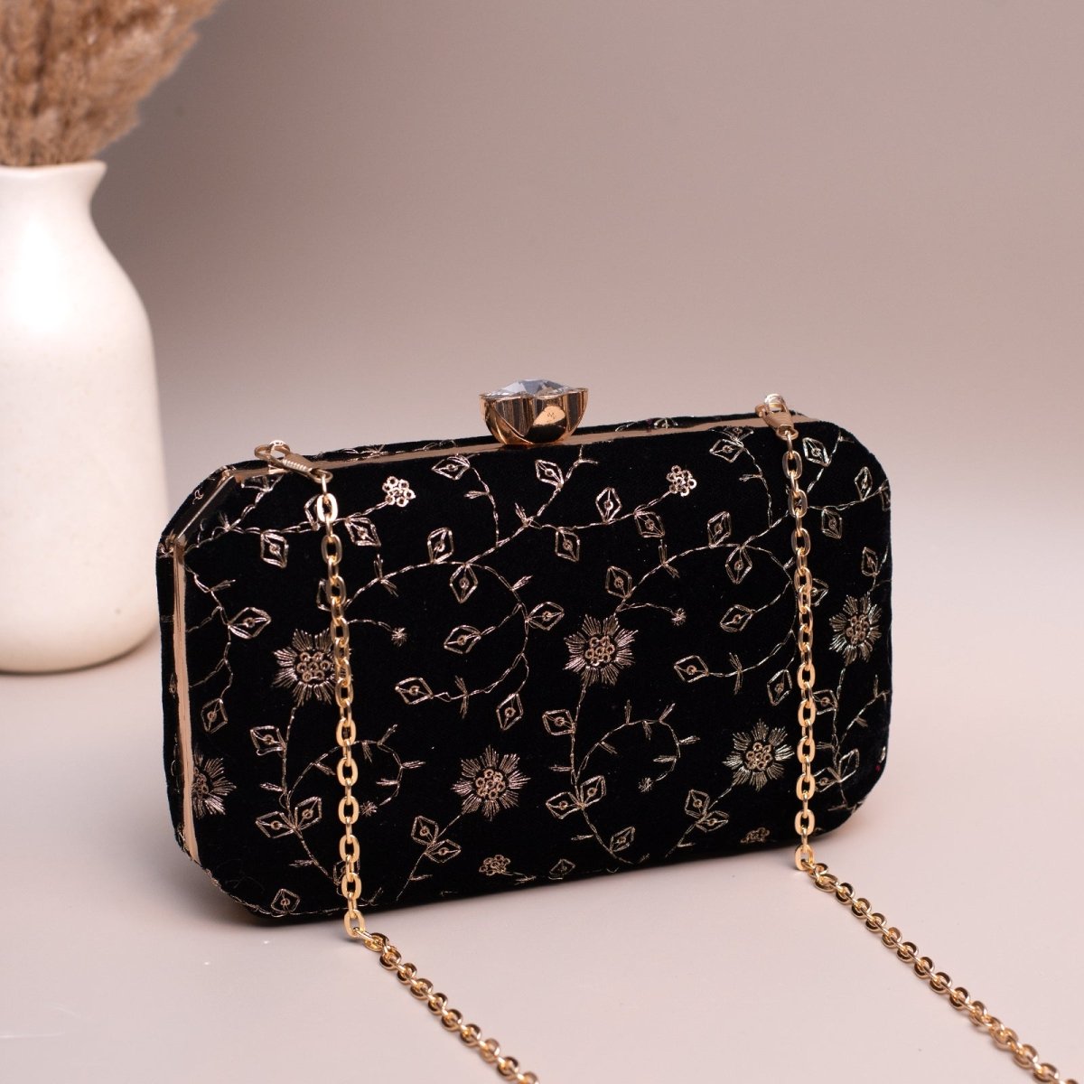 Artklim Black Based Golden Floral Sequins Embroidery Clutch