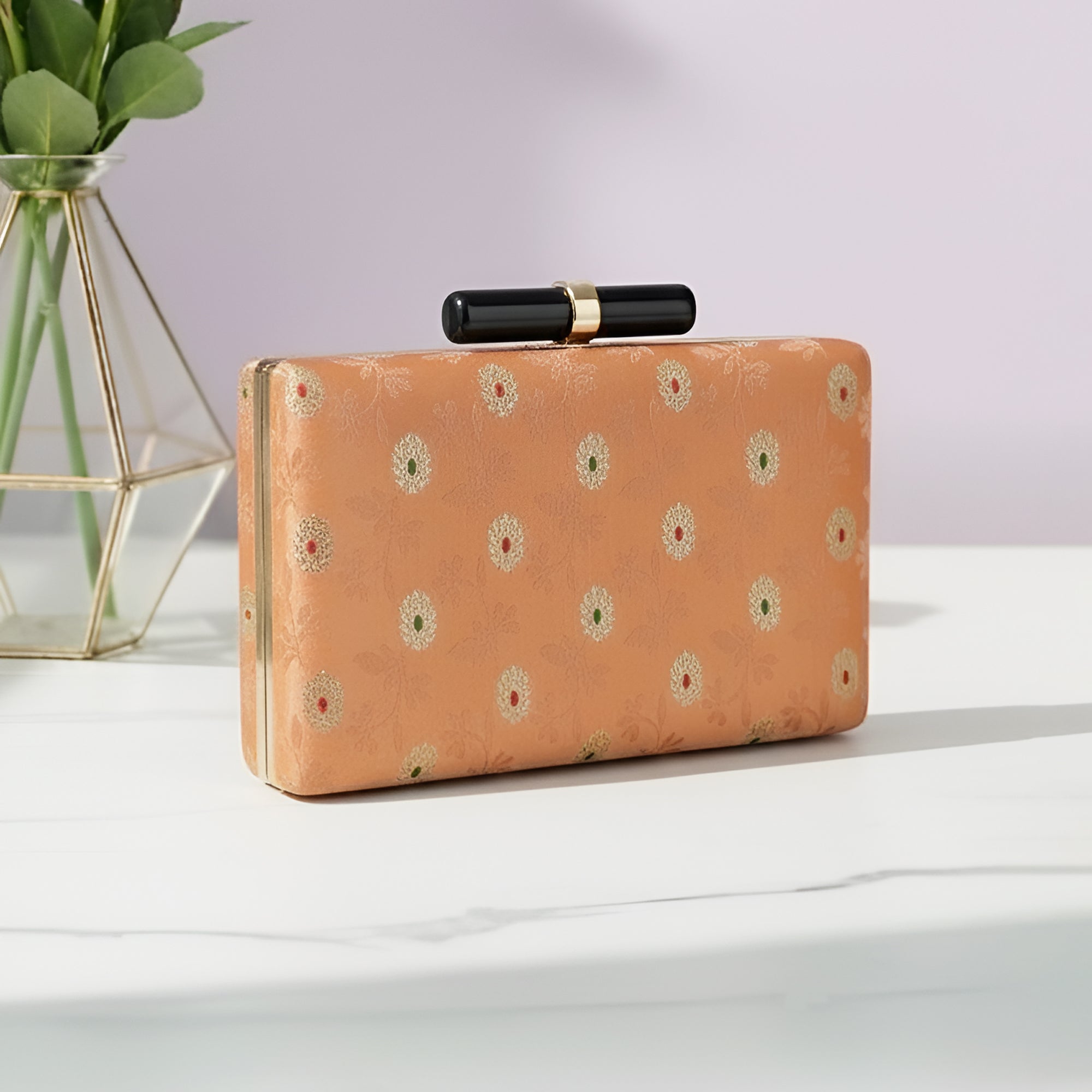 Artklim Peach Floral Ethnic Embroidered Clutch