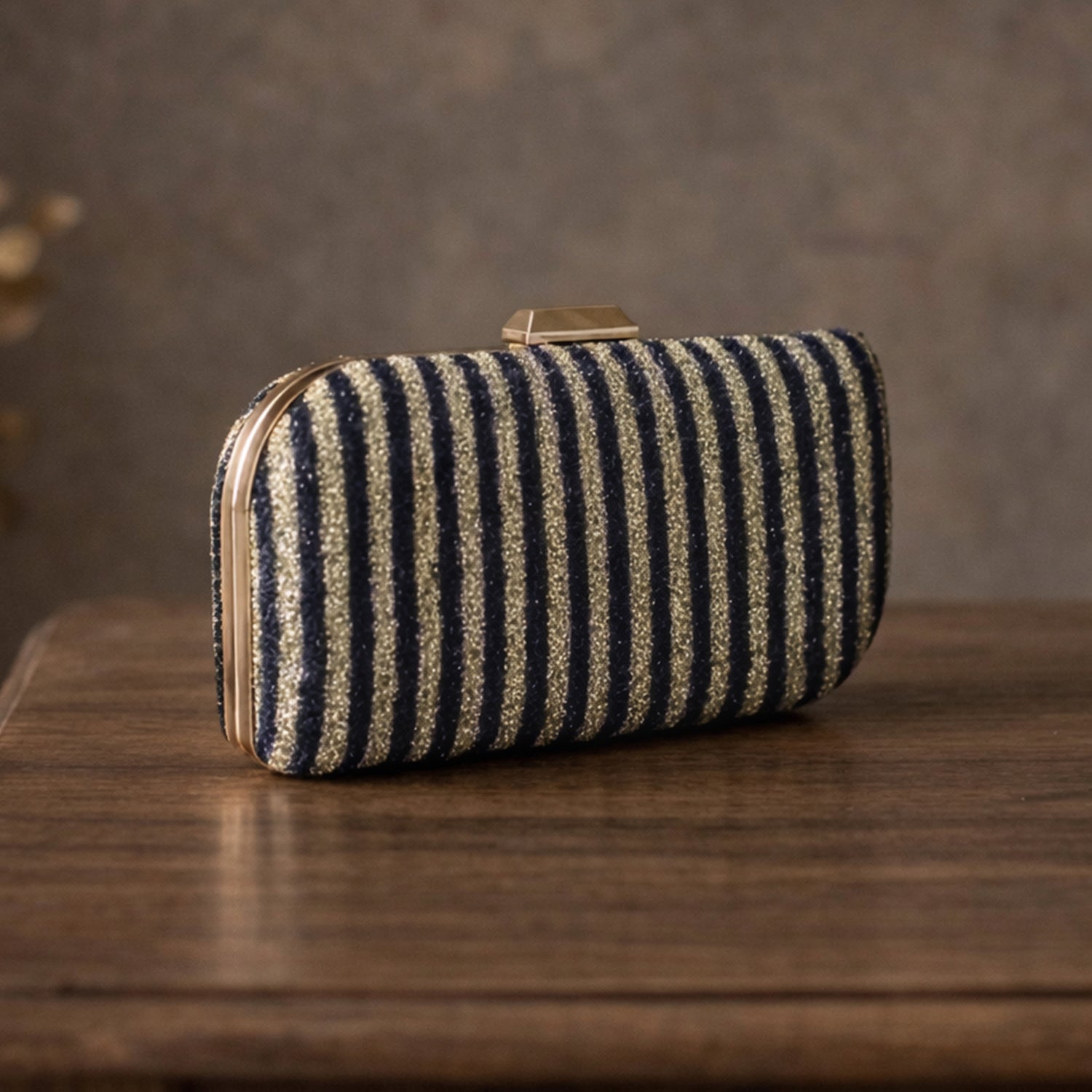 Artklim Navy Blue & Gold Striped Glitter Embroidery Clutch